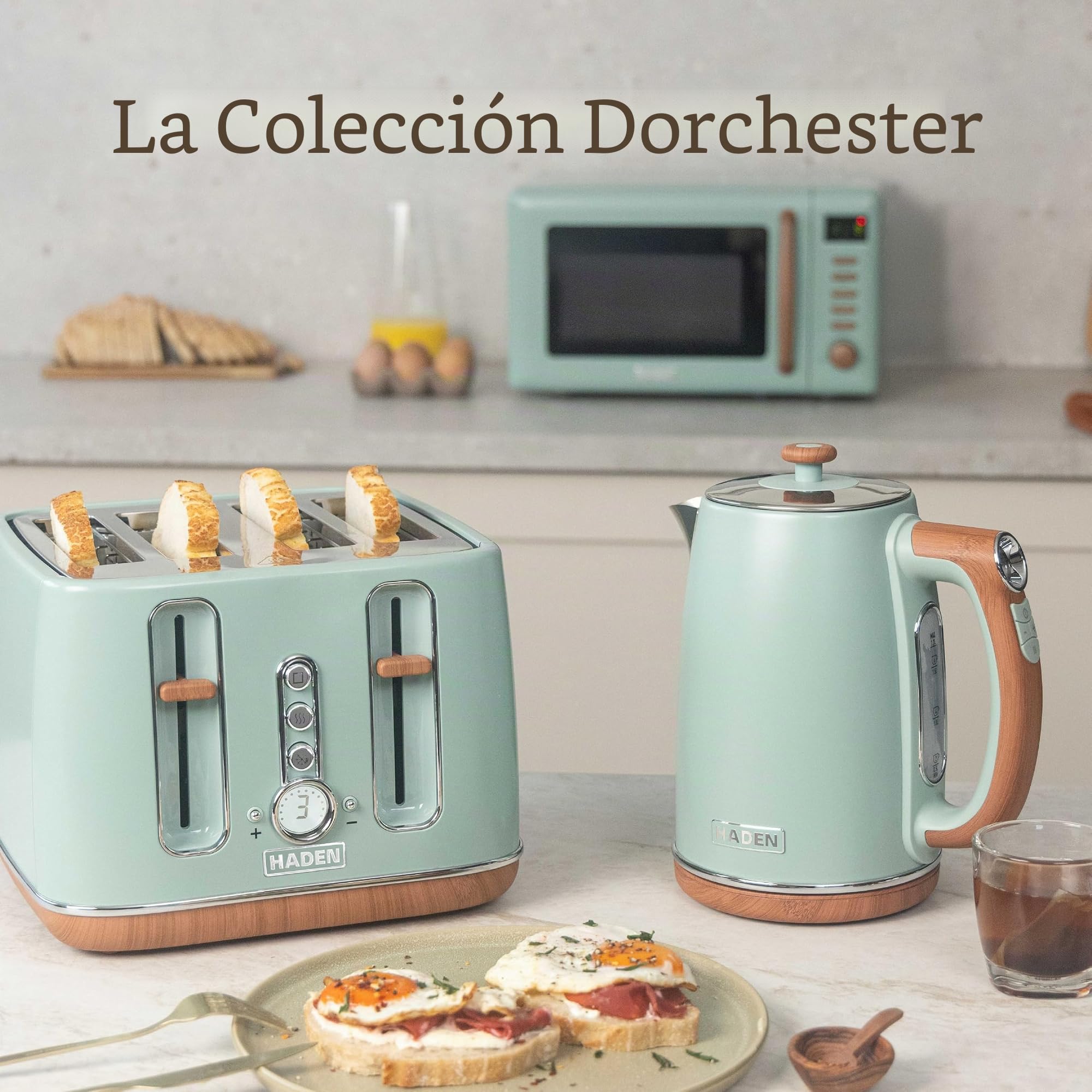 Haden Dorchester Green - Horno microondas de 20 L, 800 W, controles digitales, 5 niveles de potencia, ideal para encimera con acabado efecto madera, espacio de cocina pequeño