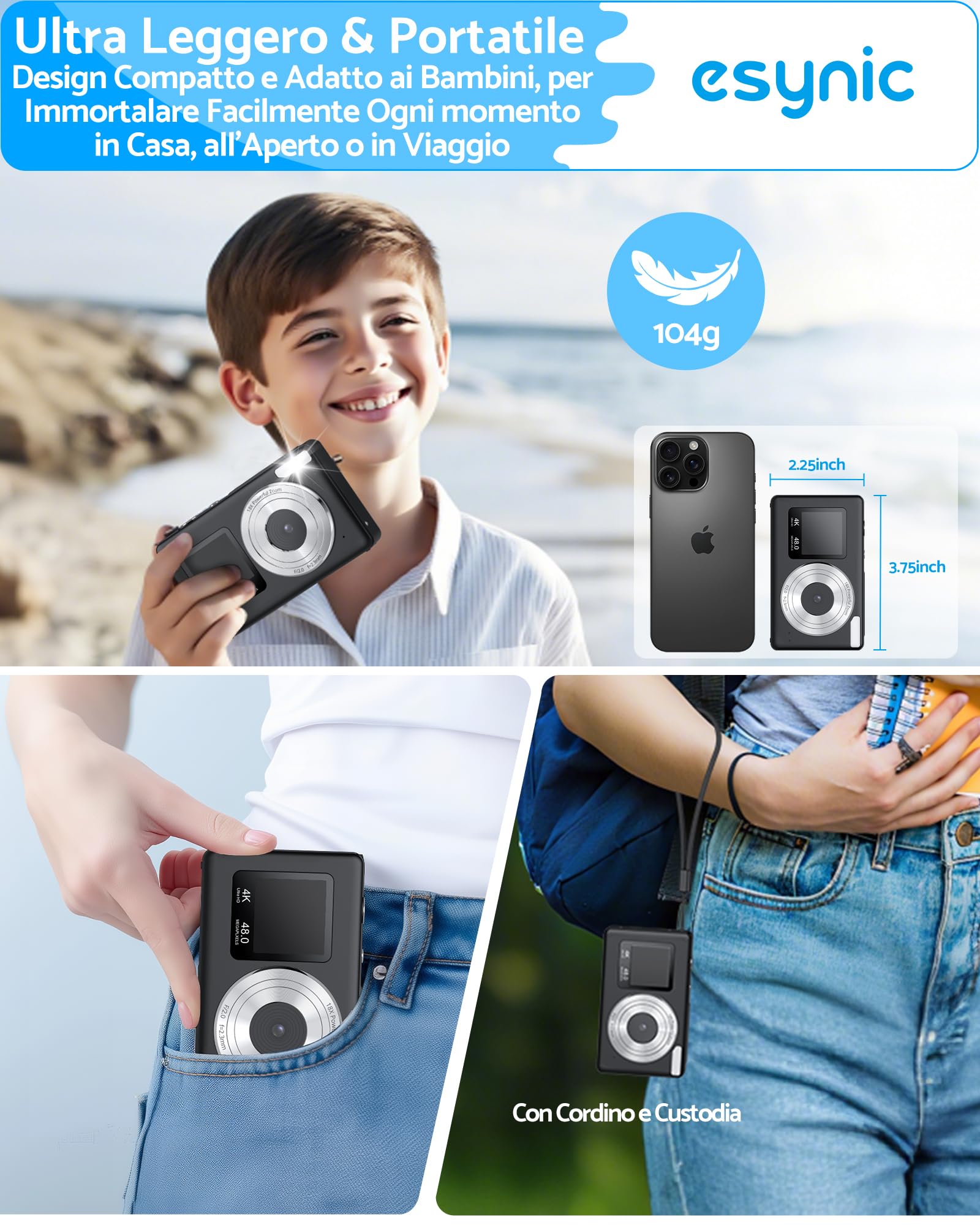 eSynic Fotocamera Digitale Compatta 4K 48MP, Doppio Schermo LCD 2.4''+1.3'' per Bambini, Zoom Digitale 18X, Luce Supplementare, Include SD 32GB, Macchina Fotografica Ricaricabile, Ideale Regalo - Nero
