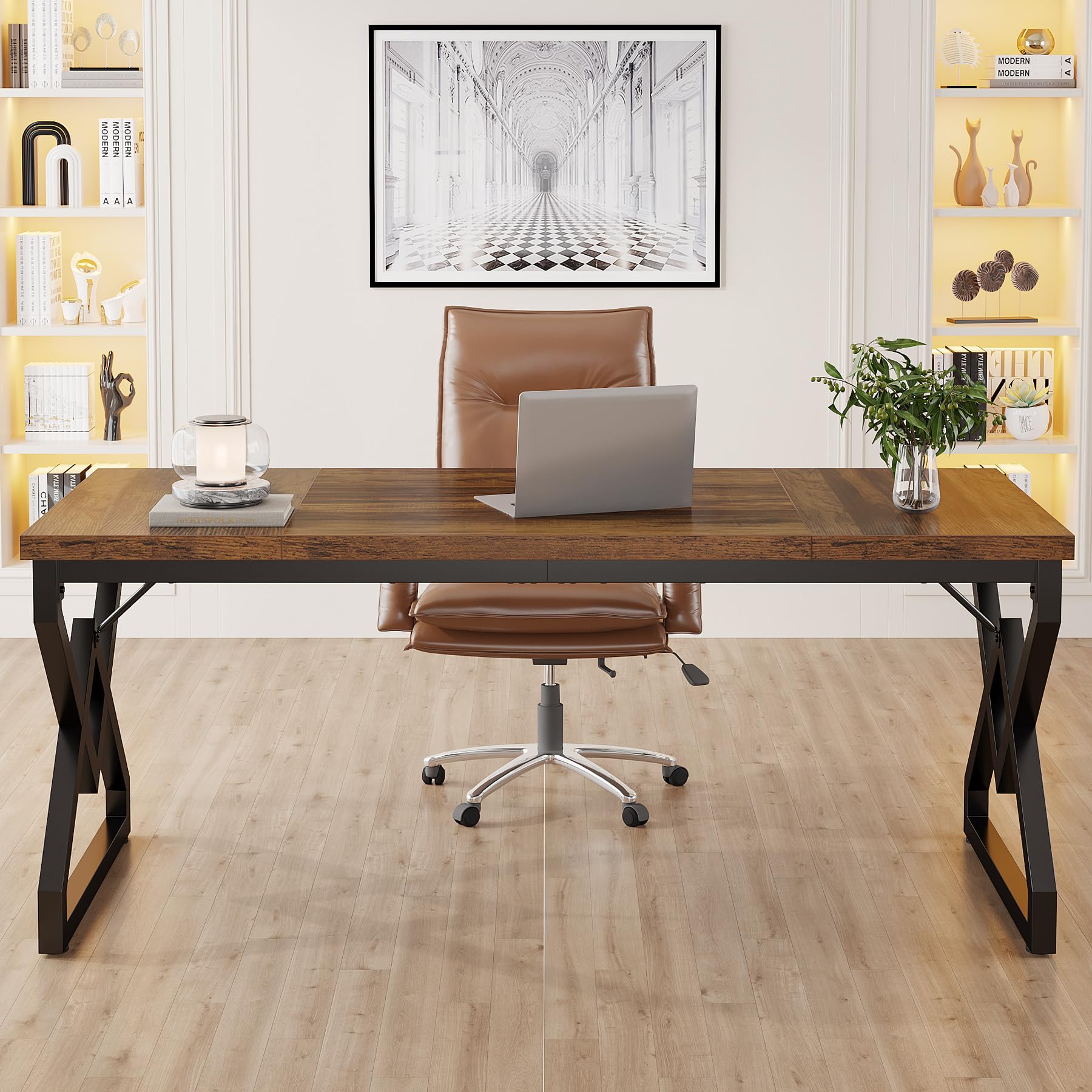 Tribesigns Escritorio Executivo con Mesa de Madera Extra Gruesa y Marco Metálico, 63 Pulgadas para Oficina en Marrón Rustico