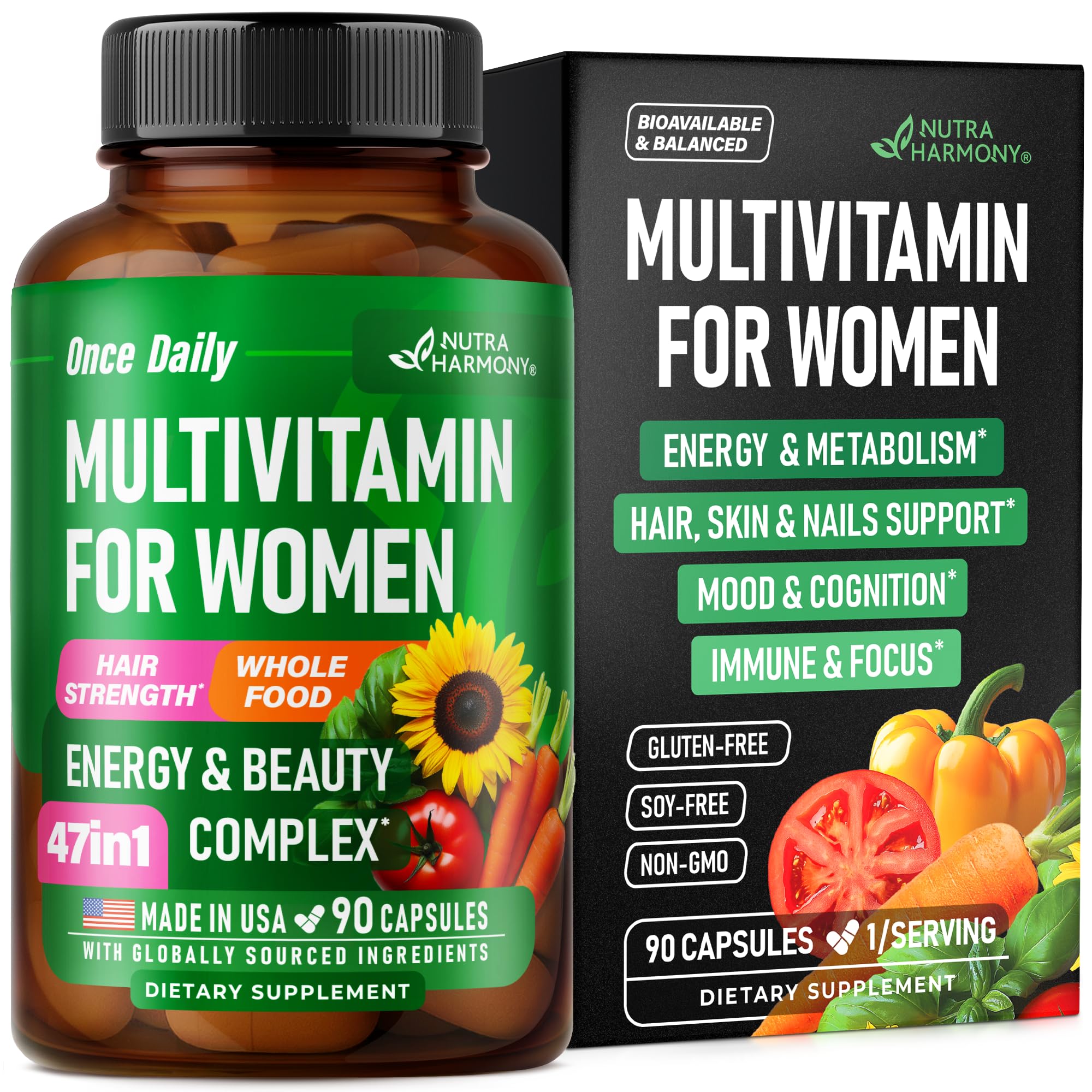 Multivitamin for Women - B-Complex | Whole Foods | Hair Growth Support | Digestion & Metabolism | Iron - 47in1 Womens Multivitamin - Bioavailable & Gentle on Stomach - Made in USA - 90 Capsules
