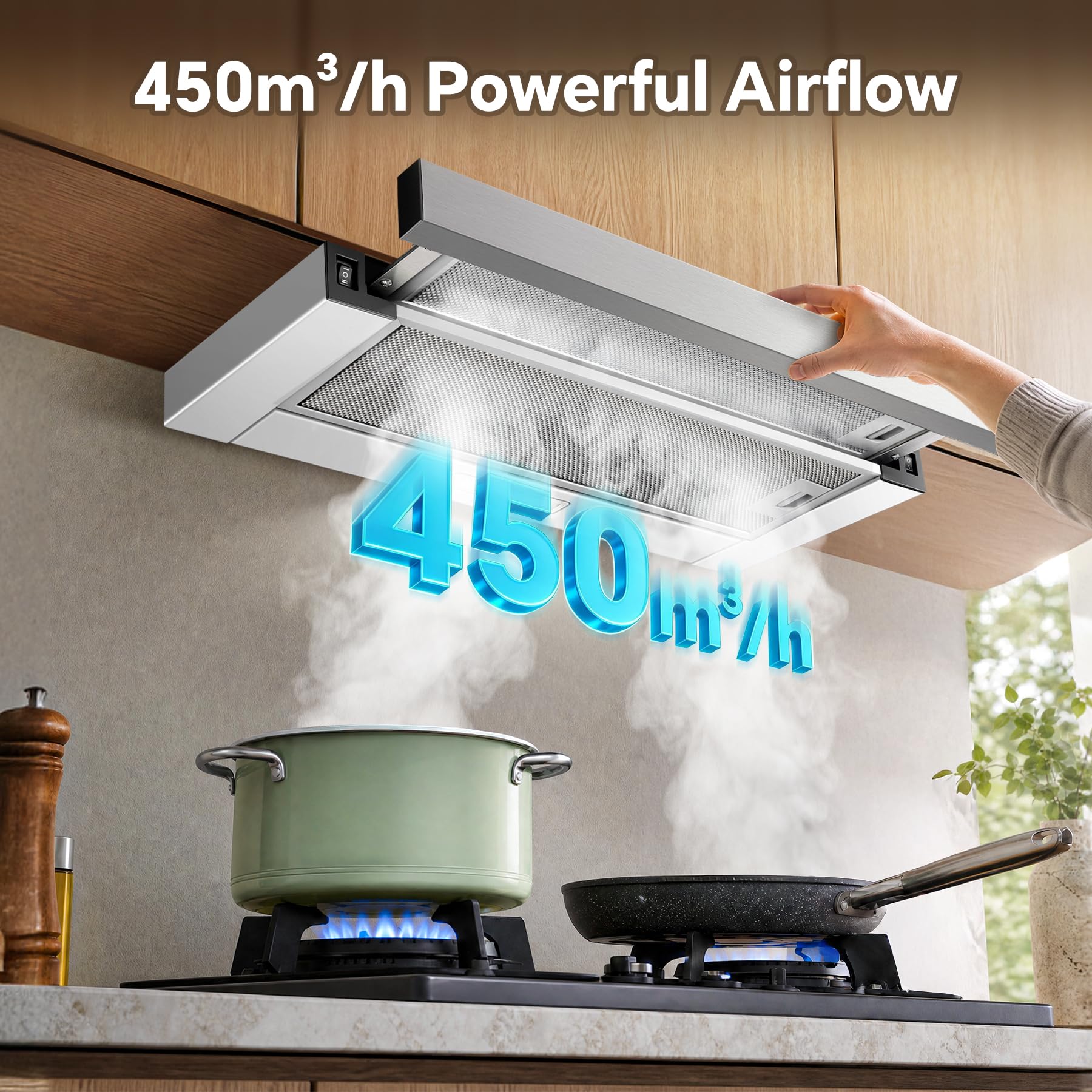 TopStrong Campana Extractora 60cm, 450m³/h, A+++, Extraíble, LED, Plata