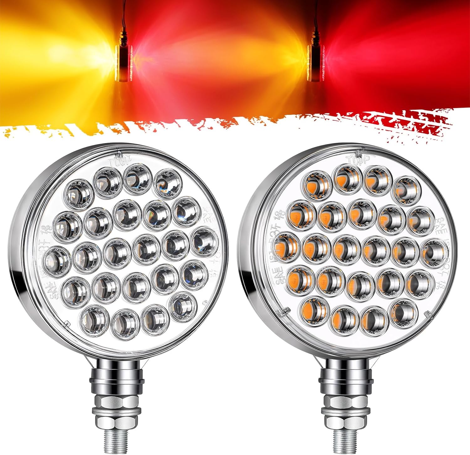 Partsam 2x Double Face LED Turn Signal Lights 48LED, Round Fender Pedestal Stop Turn Tail Strobe Amber/Red Post Mount Trailer Lights Chrome Housing Clear Lens 10V-30V for Truck Trailer Towing