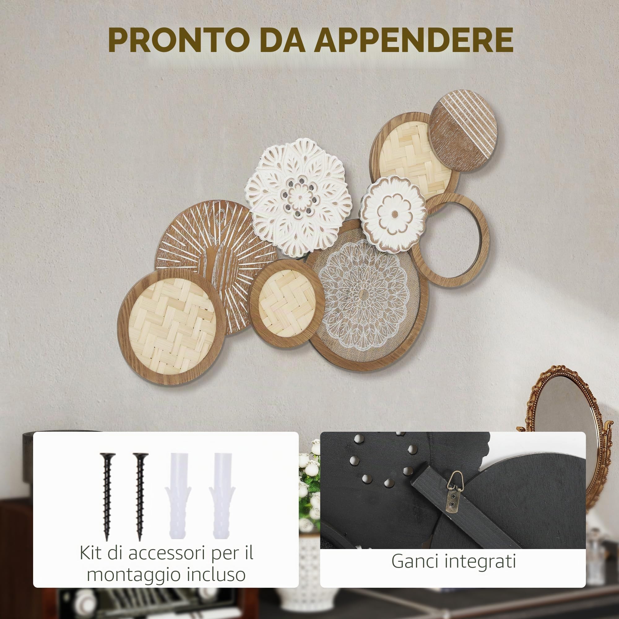 HOMCOM Decorazione murale in legno moderna, scultura murale in legno geometrica, design unico a più dischi, decorazione sospesa per soggiorno, camera da letto, ufficio, 83,8 x 44,5 cm, legno naturale