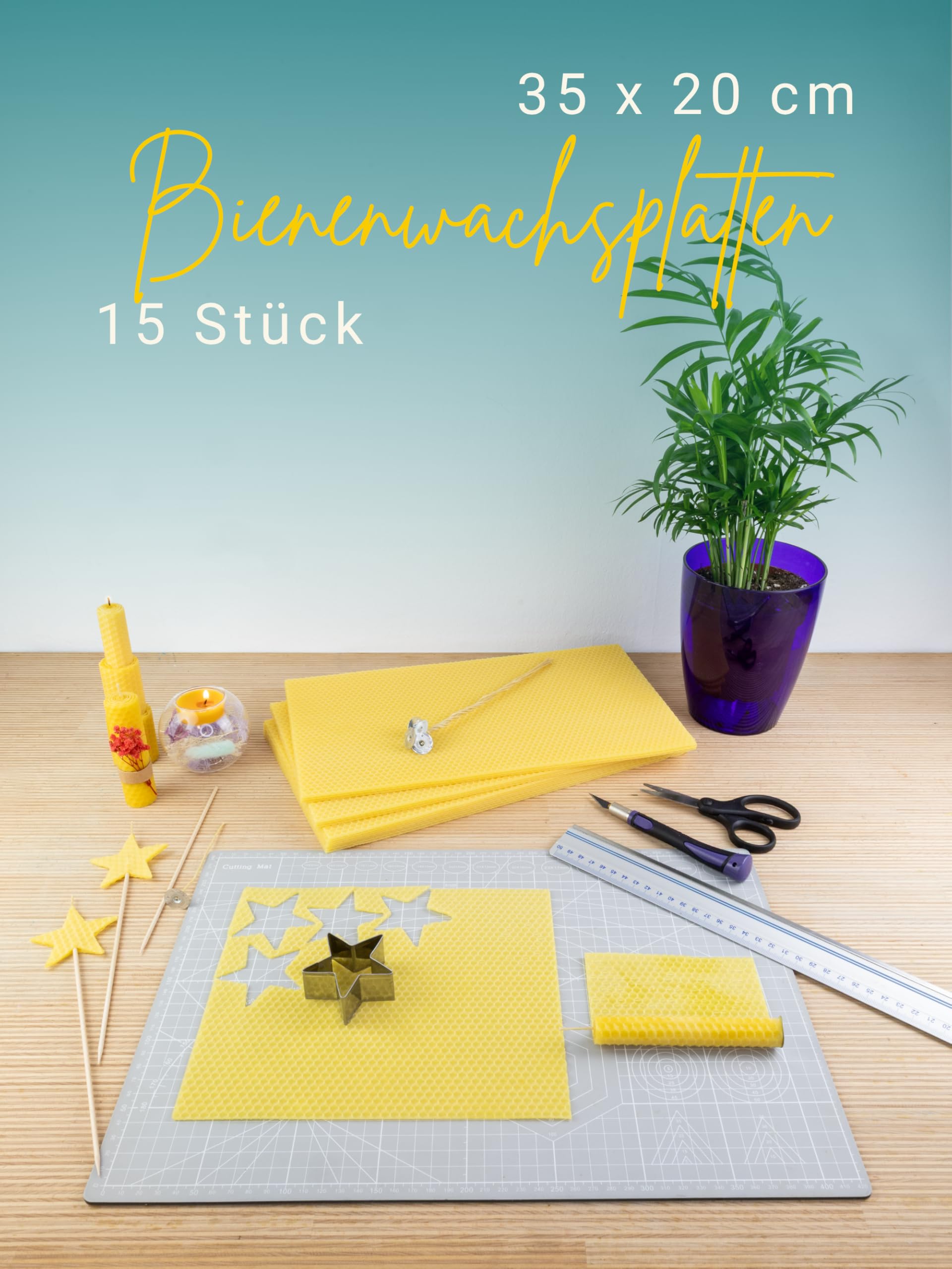 Wachsmann 15 XL Bienenwachsplatten 35 x 20 cm, reines Bienenwachs aus Deutschland, gelb, Wachsplatten für Kerzen selber Machen, DIY Geschenk - Honigkerze