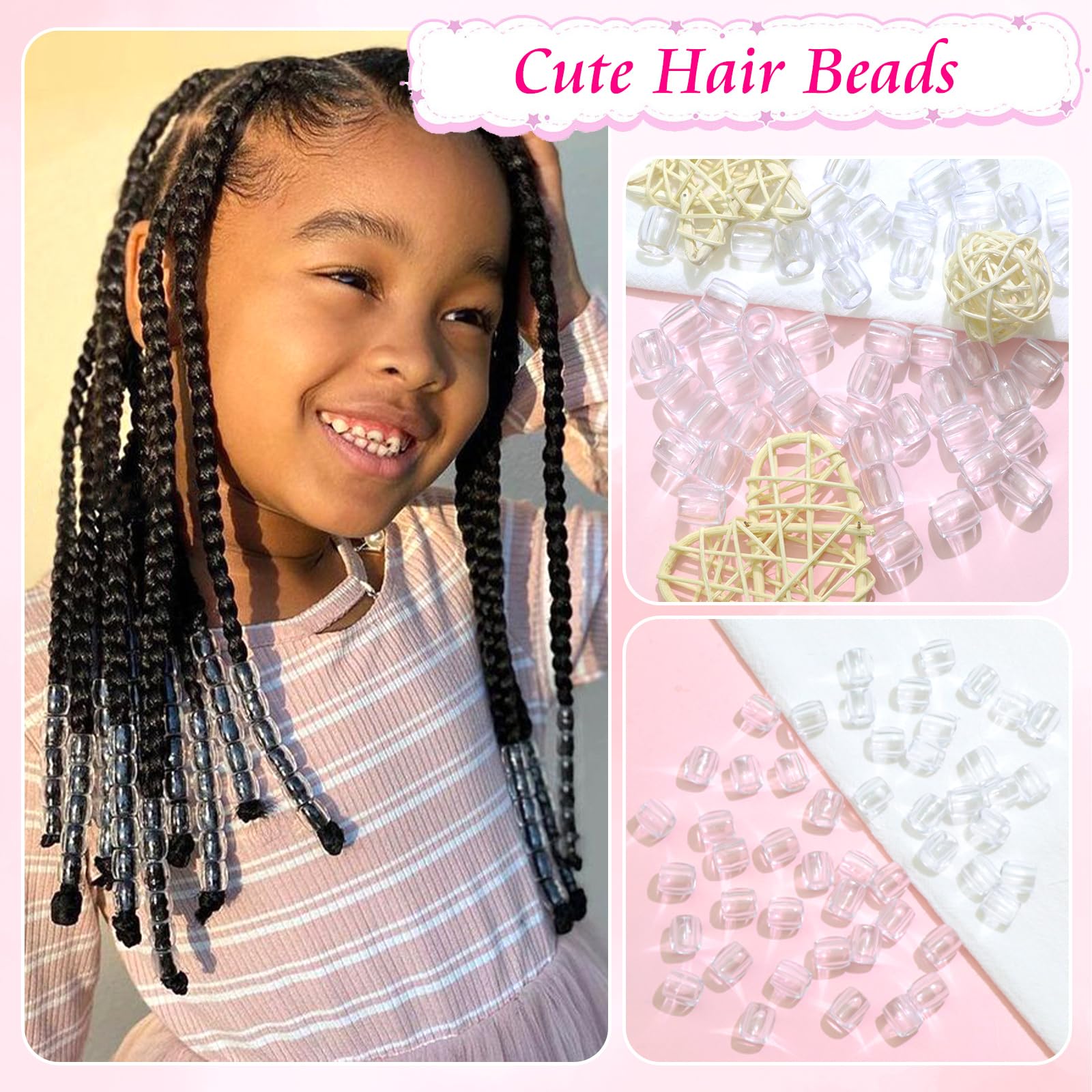 Transparente Haarperlen, Jumbo-Perlen für Haare, niedliche Zöpfe, Acryl-Pony-Perlen für Kinder, Mädchen, Zöpfe, Zubehör, Armband, Schmuckherstellung, Set, Haardekoration, 50 Stück