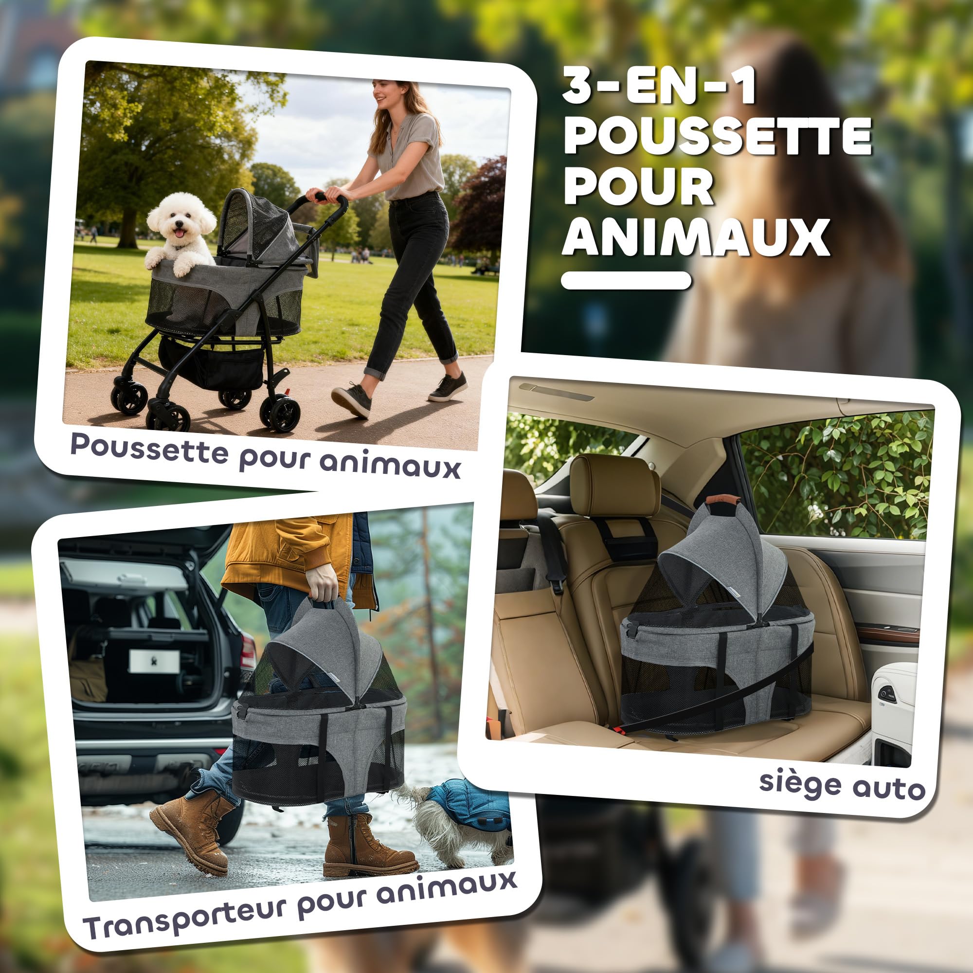 PawHut - Cochecito para perro 3 en 1 desmontable con capazo extraíble y sin cremallera, para perros pequeños y gatos de 10 kg, color gris