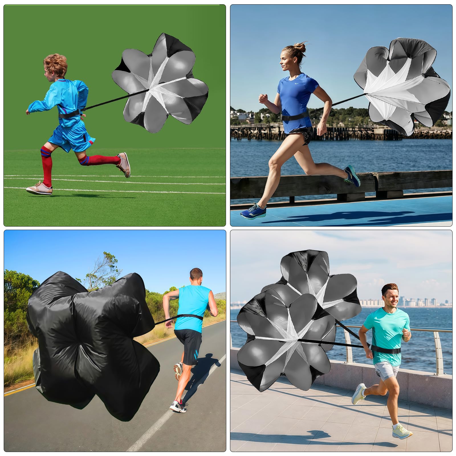 2 Pezzi Paracadute da Corsa, Neri Paracadute di Resistenza, Paracadute Sportivo con Cinghia Regolabile, Paracadute Sprint, Paracadute Corsa Allenamento per Sprint, Rugby, Calcio, Baseball