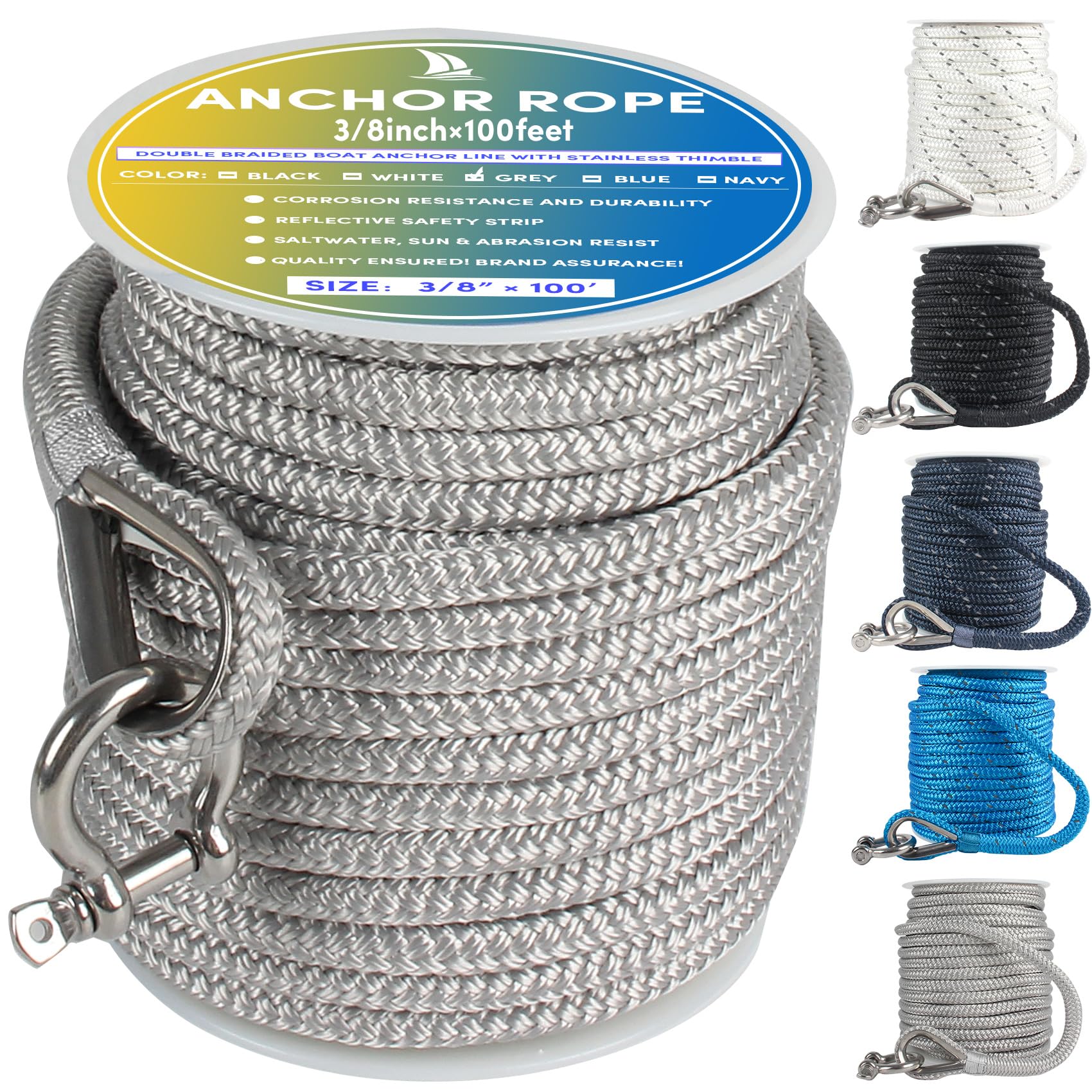 Boat Anchor Rope 100 ft x 3/8 inch Grey, Double Braided Anchor Line with Stainless Steel Thimble & Shackle, Marine Rope Ideal for Towing,Mooring,Decks,Anchoring,for Boats Up to 27'