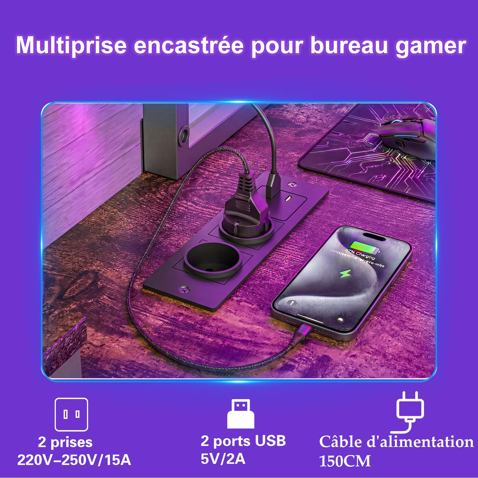 Homieasy Bureau Gaming d'angle 124cm avec LED et Prises, Brun Rustique