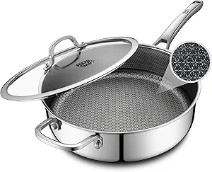 Frying Pans Nonstick with Lid,Hybrid Non Stick 5 Quart Saute pan,PFOA Free Cookware,Stainless Steel skillet,12 inch Deep Saute Pan,Dishwasher&Oven Safe,Works on All Cooktops