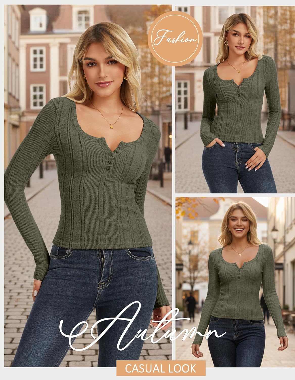 Women Long Sleeve Henley Shirt Button Up Tee Slim Fit Ribbed Knit Blouse Casual Fall Basic 2025 Fashion Tunic Top - Image 5