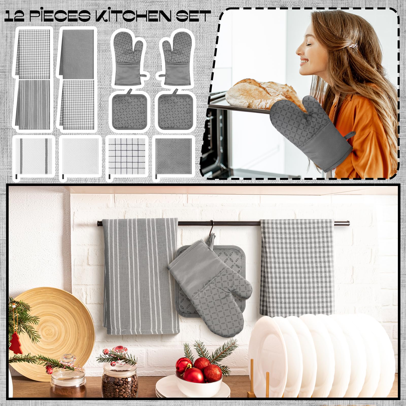 LemonRoad Juego de 12 manoplas de horno, paños de cocina con soportes para ollas, juegos de toallas de cocina, guantes de horno, almohadillas resistentes al calor con silicona para cocina, cocinar y