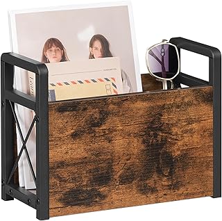 Magazine Holder, Magazine Rack Floor, Magazine Storage Basket, Magazine Rack for Desktop Home Office, Wooden Mail Organizer for Books, Newspapers, Mails, Rustic Brown and Black MR01BR