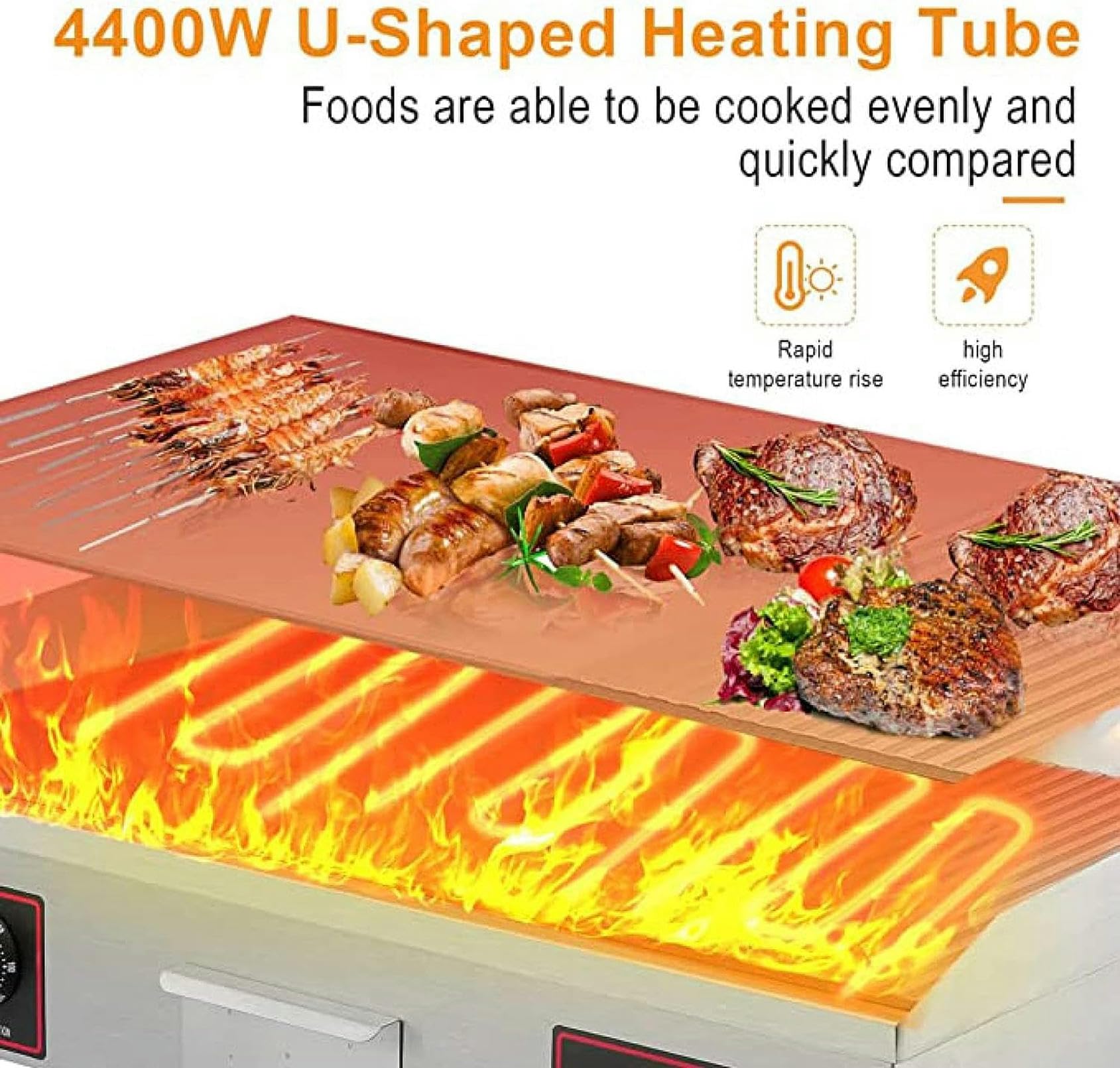 Piastra Elettrica Commerciale Flat Top da 4400 W/Bakeware da Banco in Acciaio Inox/Piastra Teppanyaki Antiaderente con Doppio Pulsante di Controllo della Temperatura