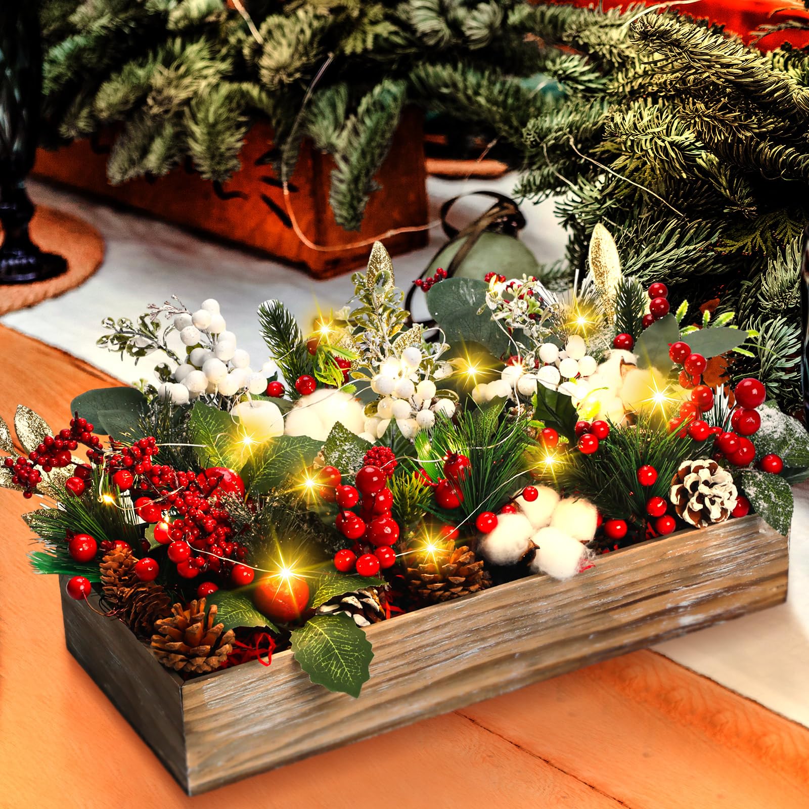Leinuosen Lot de 30 décorations de table de Noël assorties - Guirlande de baies en rotin - Pomme de pin avec lumière LED - Arrangements floraux pour Noël - Décoration d'intérieur