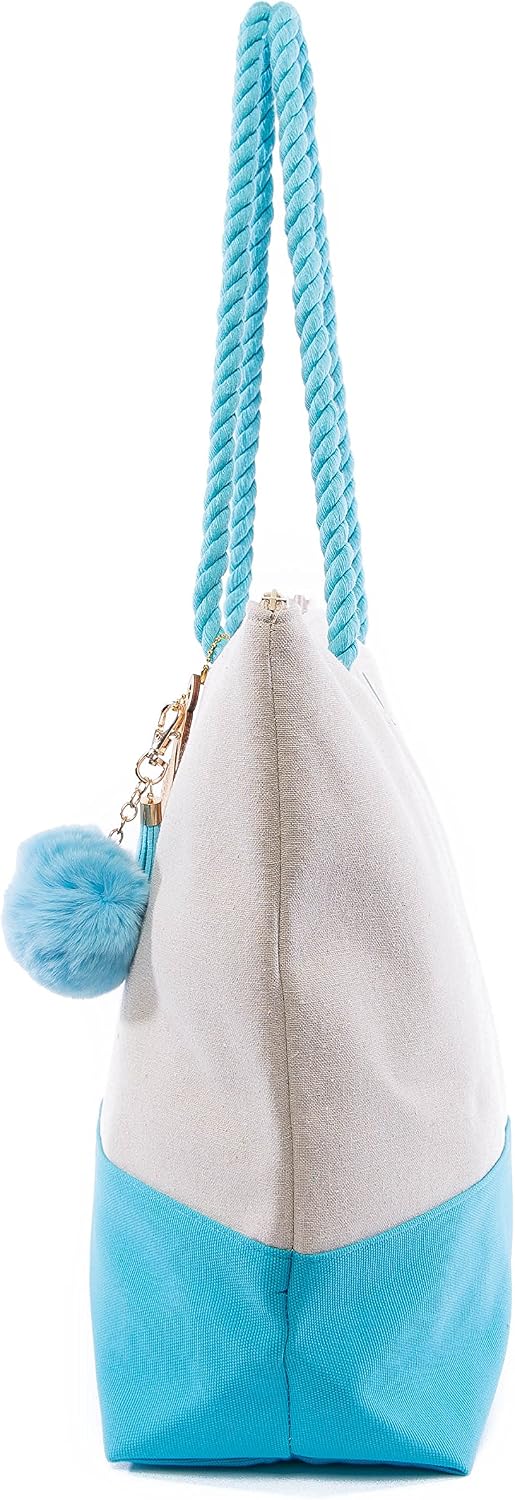 Beach Bag By Pier 17 - Extra Large Canvas Beach Tote, Top Zipper Closure, Rope Handles, 2 Inner Pocket, Wooden Charm, Pom Pom, Built-In Inner Backing for Extra Durability - L21"xH15"xW7" Blue-Seahorse