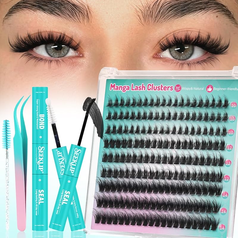 Kit de cílios postiços em tufos SeekLip Manga, 10–14 mm, com pinça, cola, selante e pente
