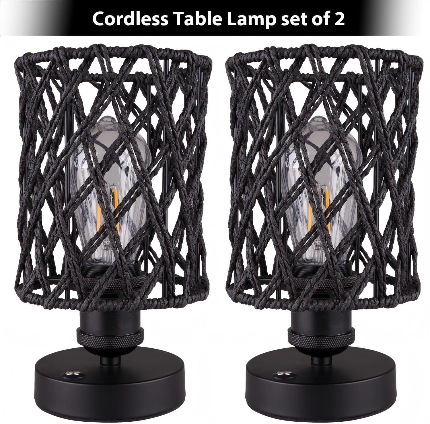 Cordless Outdoor Table Lamps, Small Rattan Boho, Rechargeable Battery Operated for Outdoor Patio, Home, Living Room, Bedroom, Bedside - Set of 2 (Black-A)