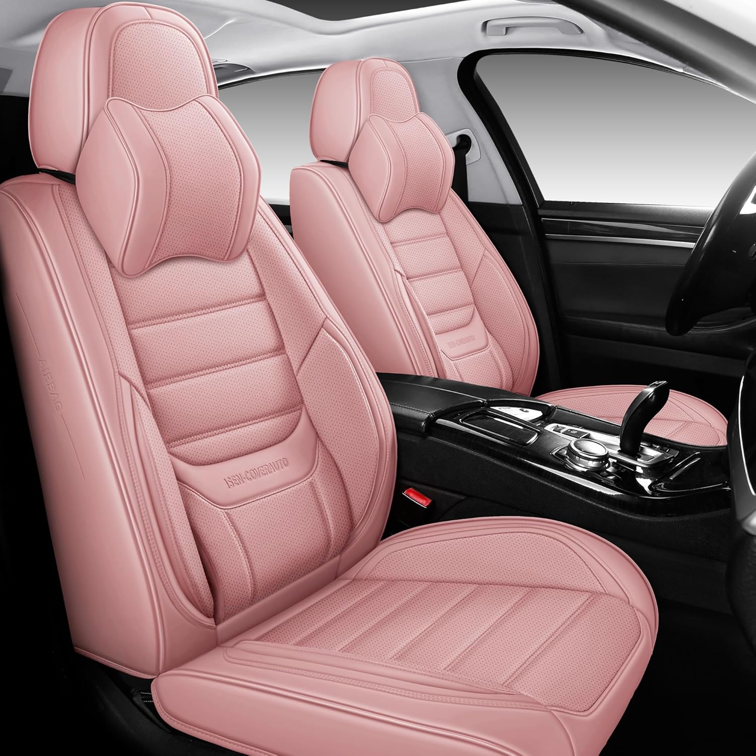 Full Coverage Faux Leather Car Seat Covers with Memory-Foam Neck Pillows Universal Fit for Cars,Trucks,SUVs with Waterproof Leatherette in Automotive Seat Cover Accessories Pink Front Pair