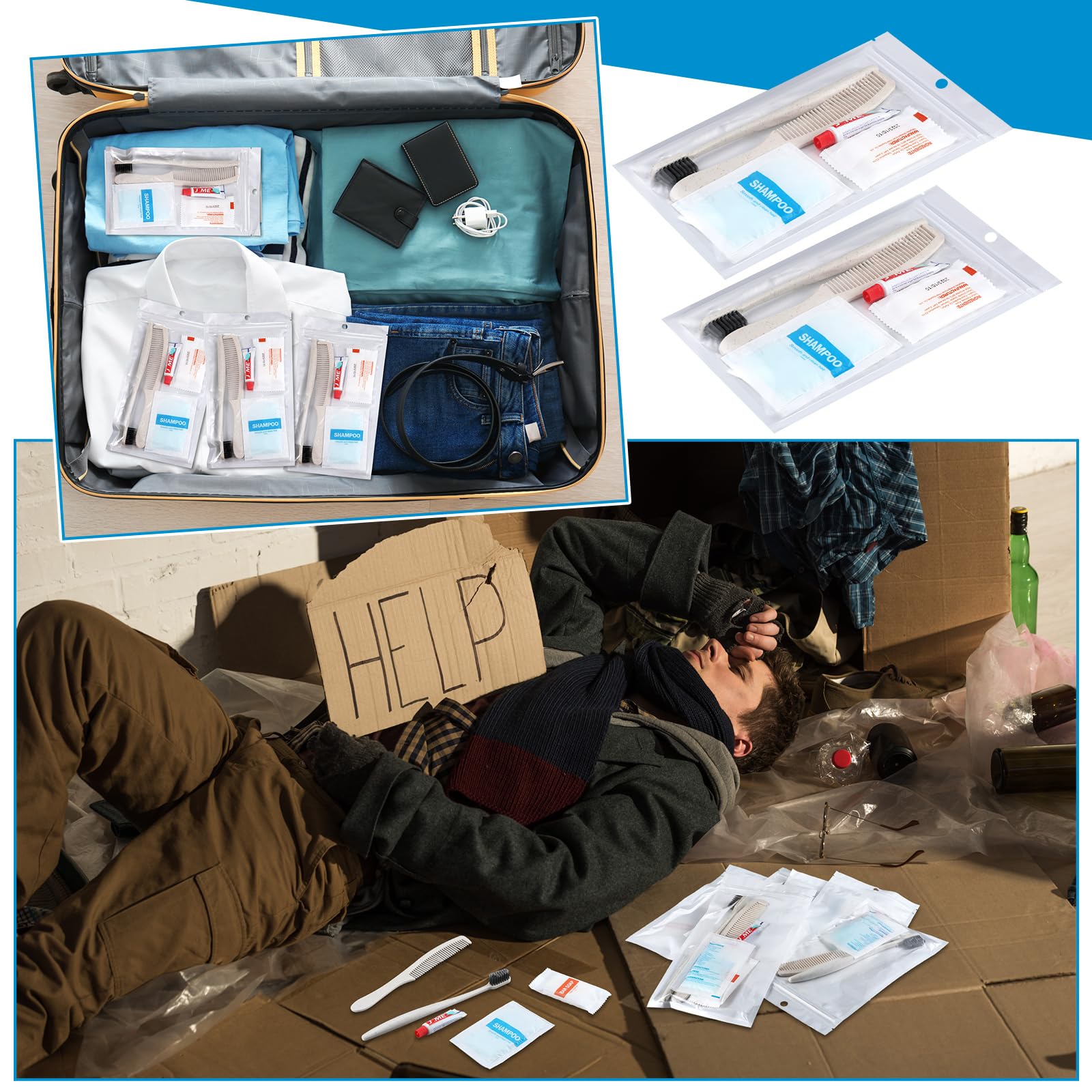 Hushee Kit per l'igiene personale, 48 pezzi, kit di articoli da toeletta di base, per uomini e donne, per viaggi di beneficenza, tra cui shampoo, spazzolino da denti, dentifricio, pettine e bagno