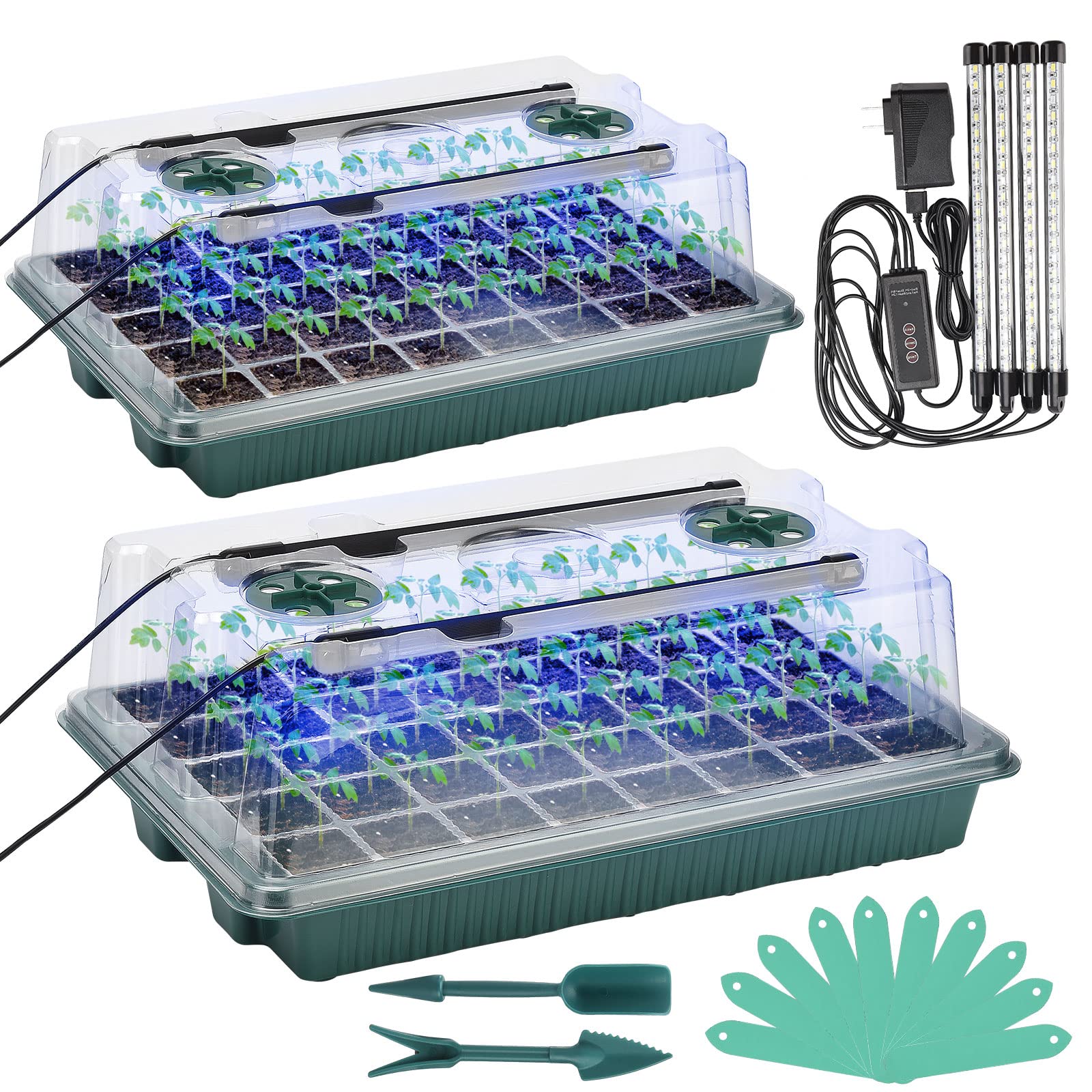 2 Stück 80 Zellen Samen-Starter-Set mit 4 Wachstumslichtern, einstellbare Helligkeit und Luftfeuchtigkeit, Kuppelpflanzen-Sämling-Starter-Set für Pflanzenanbau