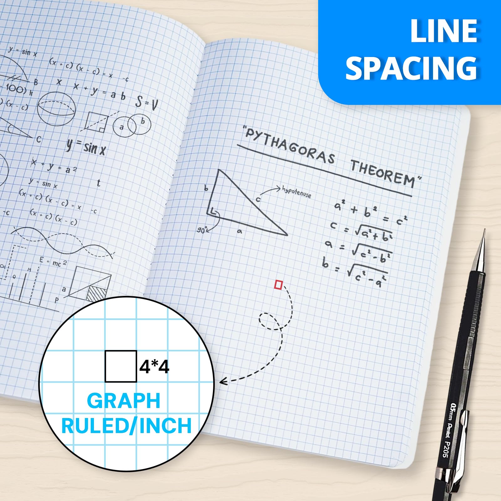 ONAVIA Quaderno a righe per composizione grafica, confezione da 12, 100 fogli, 4 × 4 quad, a righe, per aula, matematica, ingegneria, grafici, materiale scolastico, nero