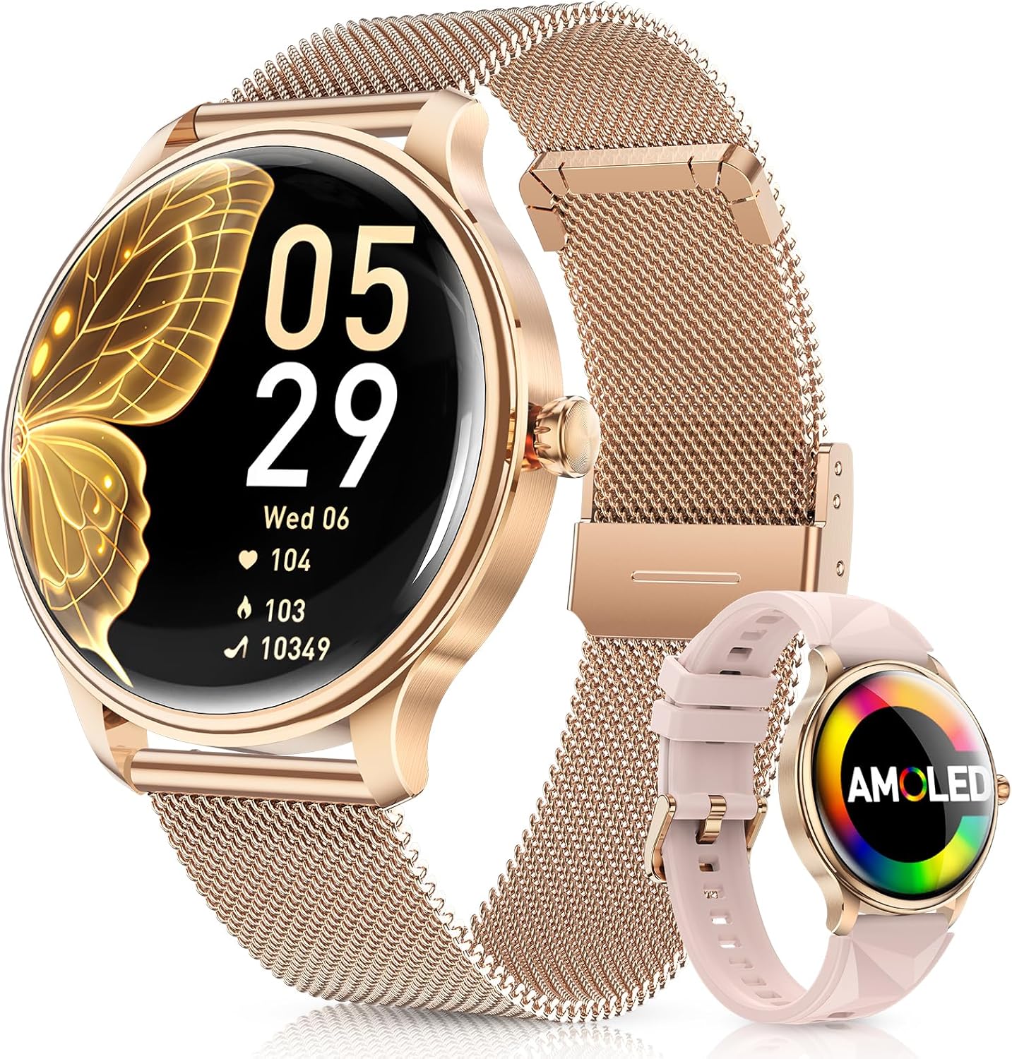 WalkerFit A37 Smartwatch with gold Milanese and pink silicone straps