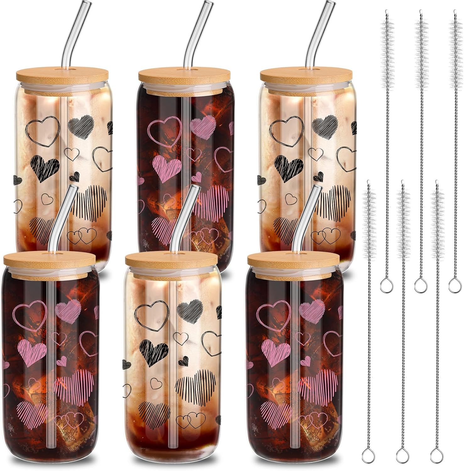 12 Sets White Hearts Glass Cups, 16 oz Valentine's Day Tumbler Glasses with Bamboo Lids and Straws Iced Coffee Clear Glass Drinking Cups for Galentines Party Couple Lover Birthday Gifts