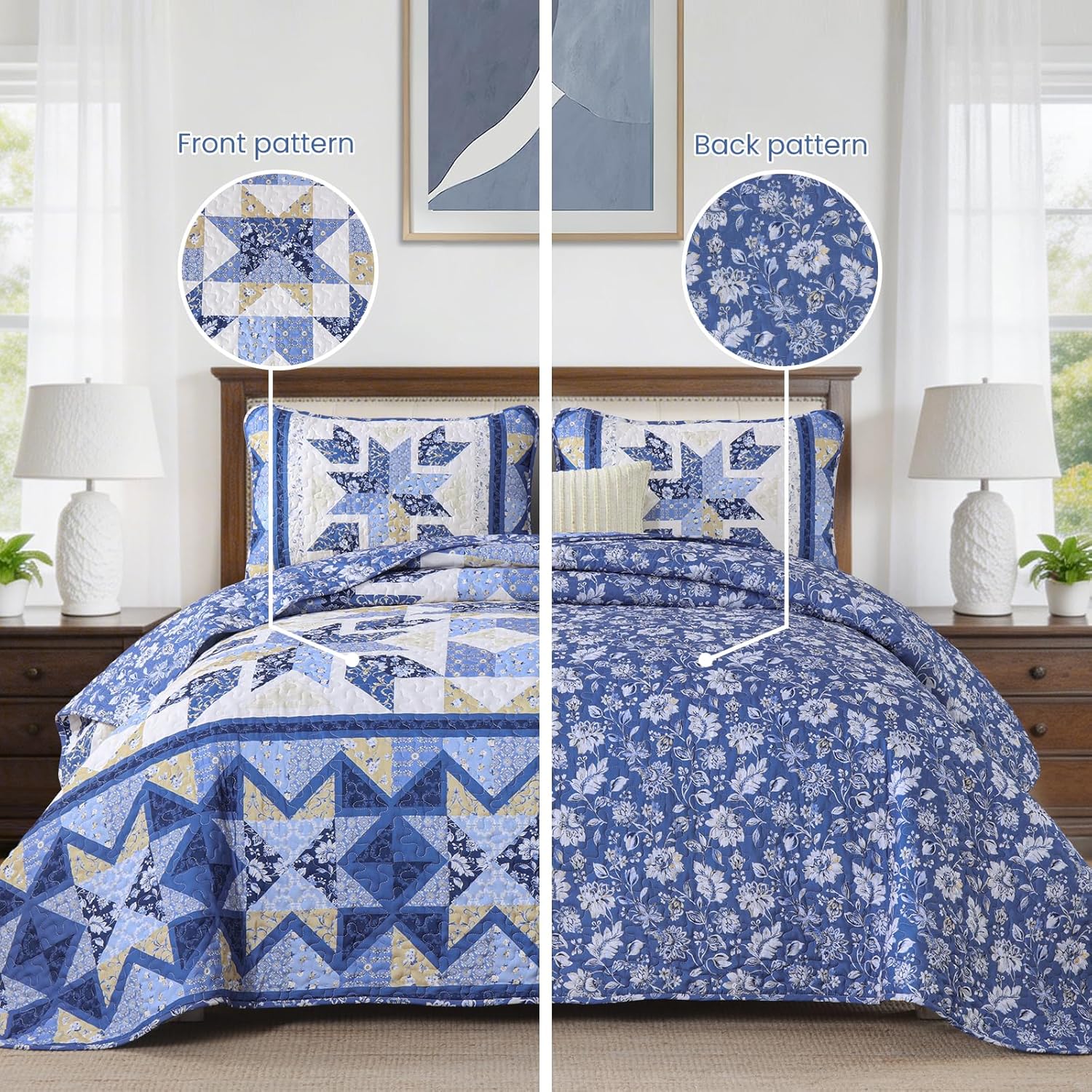 Dinjoy Patchwork Quilts Queen Size，Reversible Blue Floral Quilt Bedding Set,Vintage Farmhouse Handmark Quilt,Lightweight Spring Bedspreads Coverlet Set 3 Pieces for All Season 96" x90”