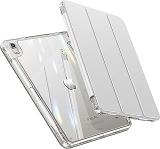 INFILAND Compatible with iPad Air 5 Case/iPad Air 4 Case, iPad Air 5th (2022)/4th Generation Case (2020) 10.9 inch, [ Crystal Clear Back + Pencil Holder + Auto Wake/Sleep] Clear Silver