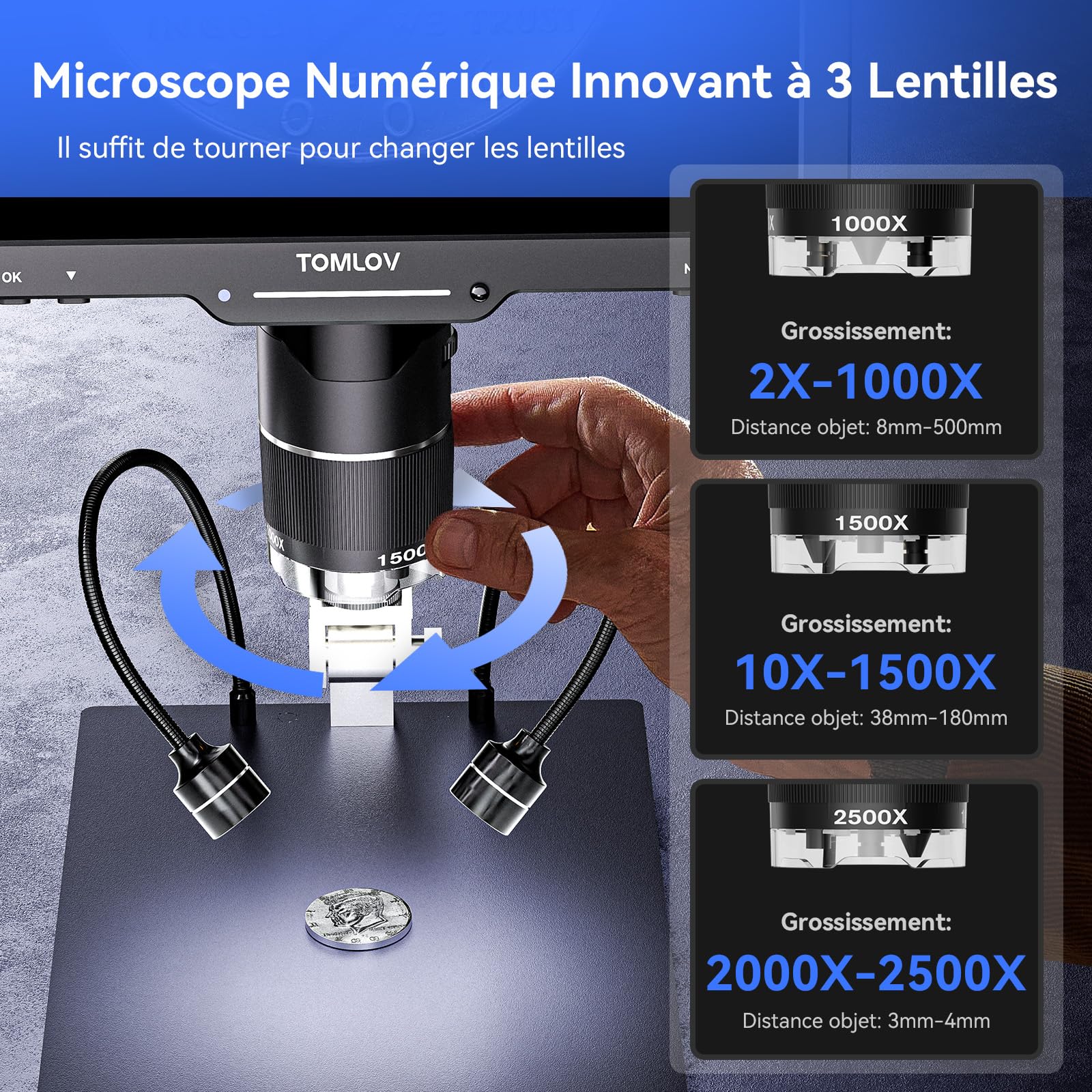 TOMLOV TriL110 3 lentilles Microscope numérique 2K, 2500X Loupe pour pièces entières avec écran IPS 10,1", Cadeau pour Adultes/Enfants, 14 lumières LED, Compatible PC/TV, 64 Go