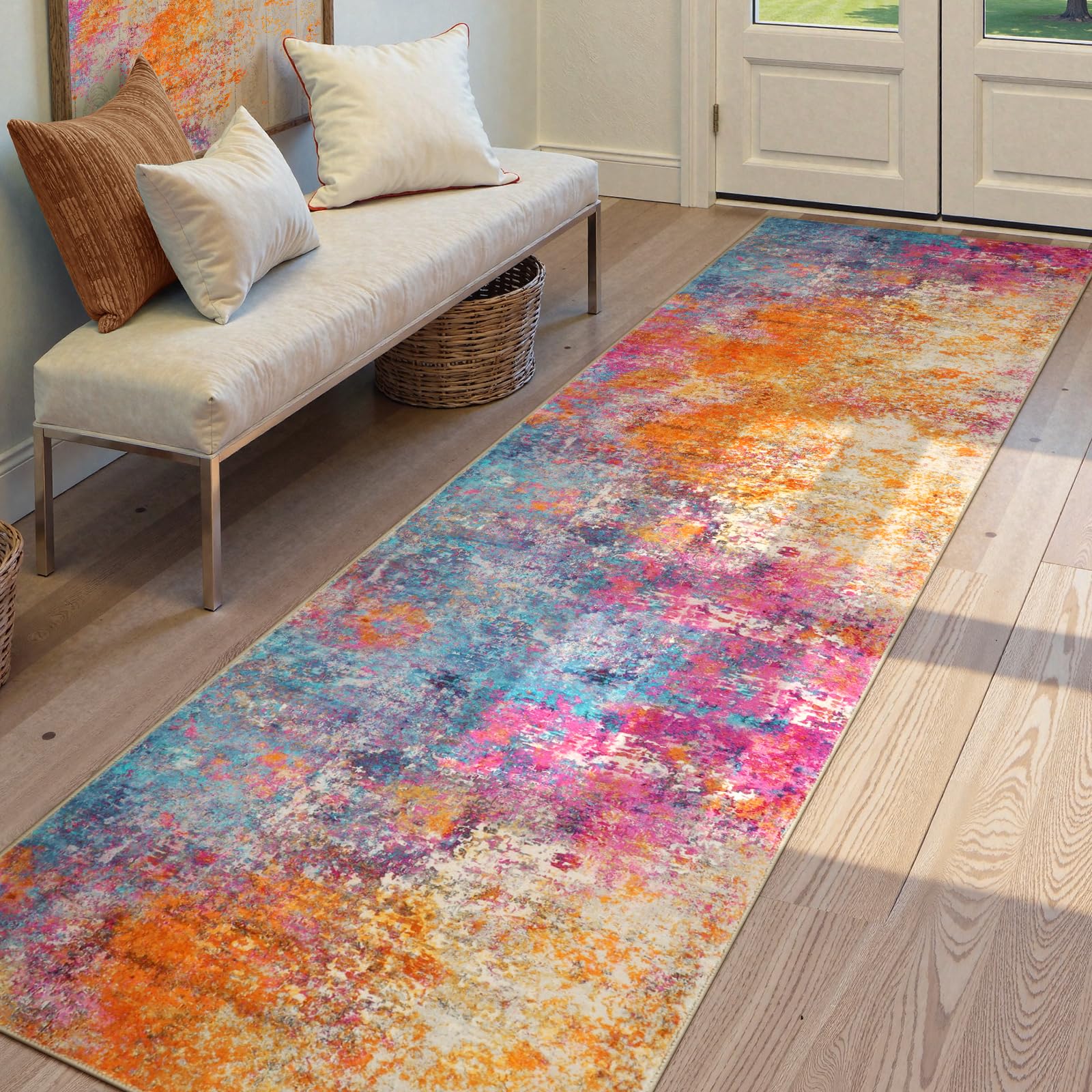 Lahome Modern Abstract Runner Rug - 2x7 Colorful Rug Runners for Hallways Non Slip Laundry Room Rug Washable Carpet Runner, Rainbow Soft Non Skid