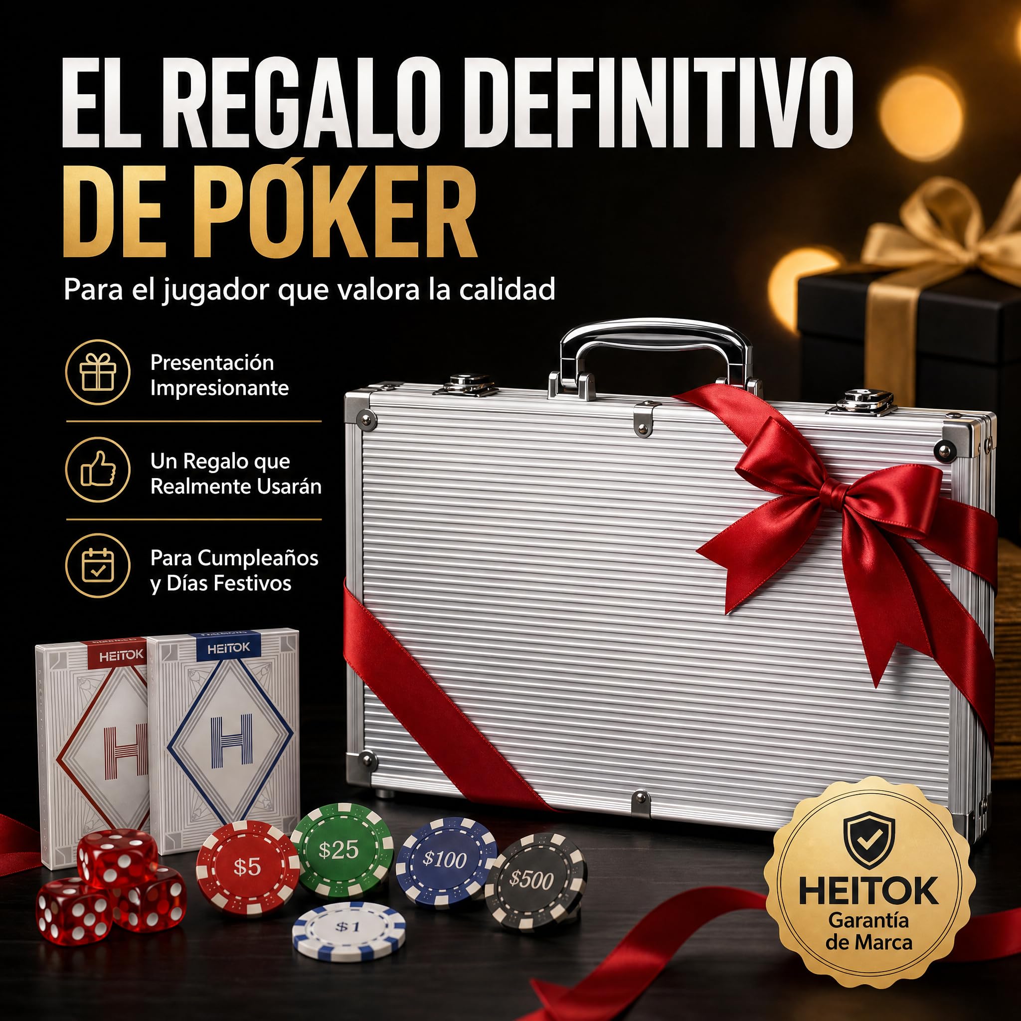 HEITOK Juego de Fichas de Póker 500 Fichas Numeradas – 11,5g con Denominaciones y Estuche Robusto para Adultos