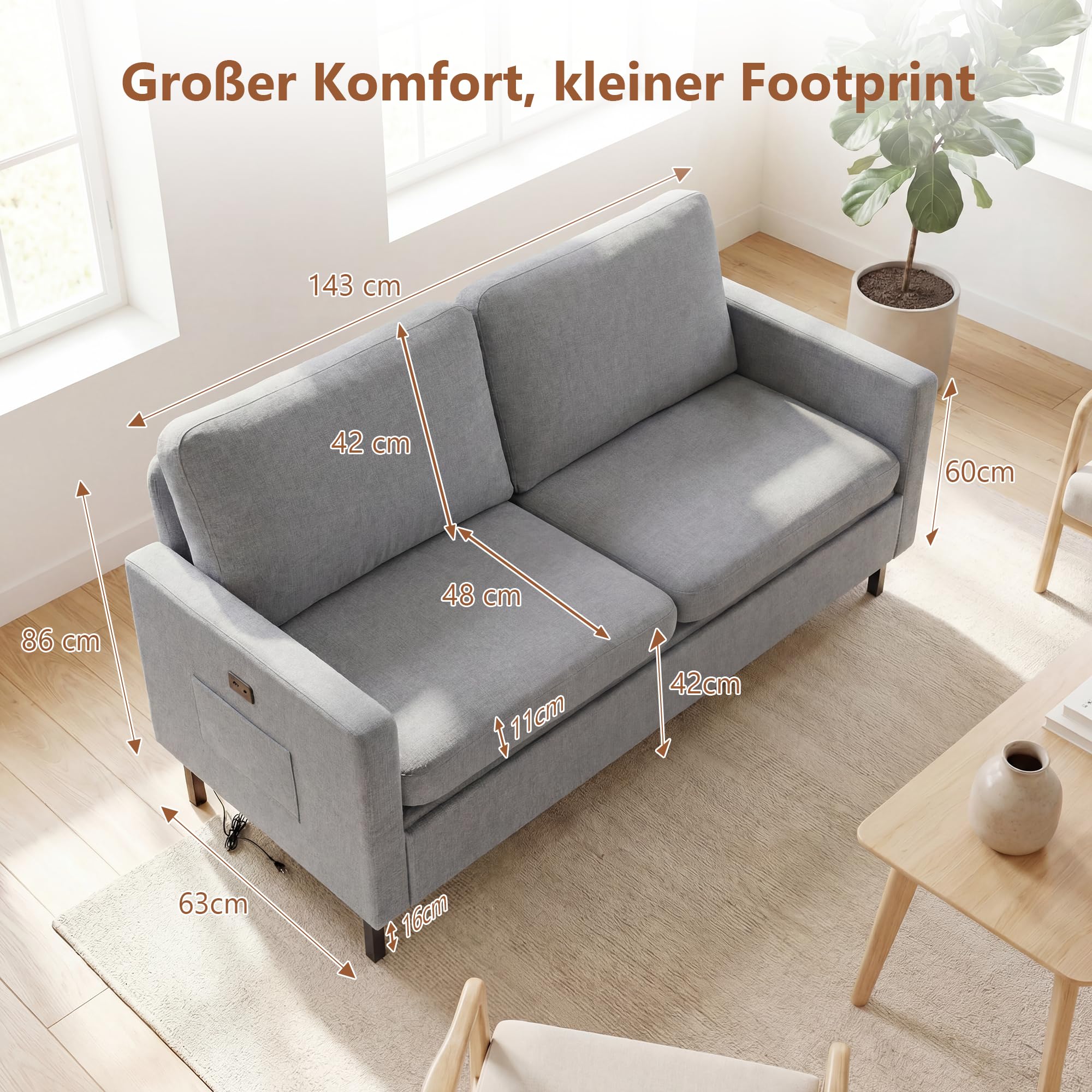 GRAVFORCE Sofa 2 Sitzer mit 2 Ladeports 143 x 63 x 86 cm Klein Sofa kleines Cloud Couch mit Armlehne und Seitentasche Modernes Stoffsofa für Wohnung Wohnzimmer Büro Einfache Montage Hellgrau