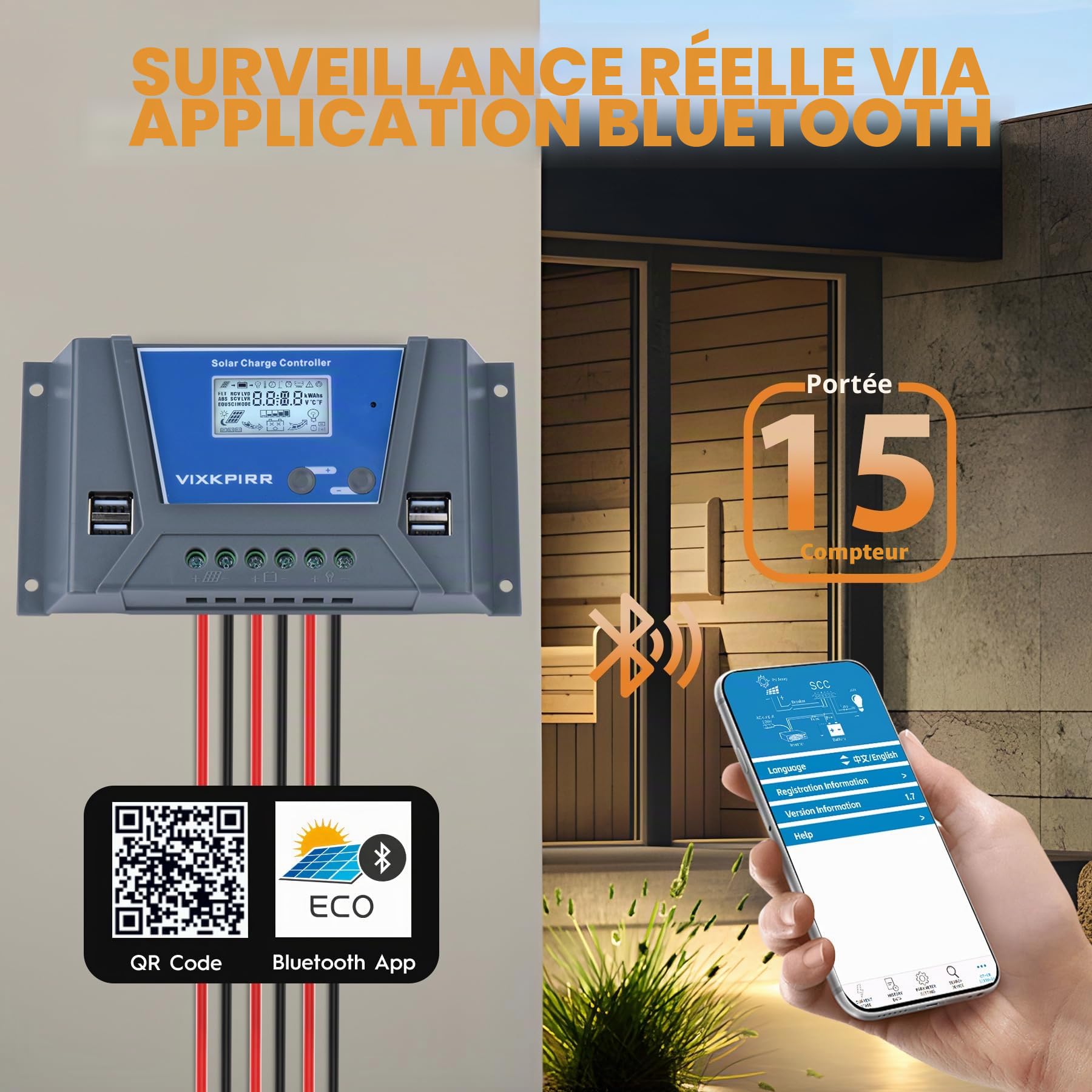 30A Contrôleur de Charge Solaire 12V 24V 36V 48V avec Bluetooth, PWM 30A Régulateur de Charge Solaire avec Sonde Température LCD écran 4 ports USB, pour Plomb Acide Batterie Lithium Batterie
