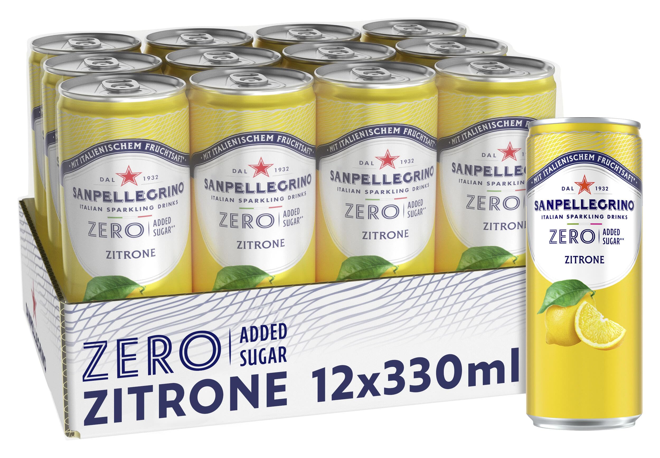 San Pellegrino Zitrone Zero Added Sugar, Zitronen-Limonade mit 10% Fruchtsaft, ohne Zuckerzusatz, 12er Pack (12 x 330ml) Einweg-Dosen