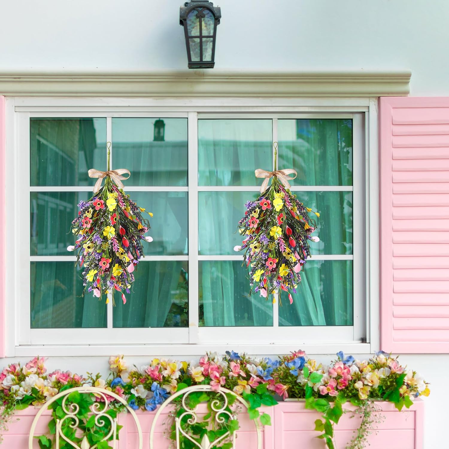 4 Pcs Summer Swags for Decorating Artificial Teardrop Wreaths for Front Door Farmhouse Teardrop Swag with Ribbon Flowers Wreaths for Wedding Porch Wall Window Cabinet Decor(Wildflower)