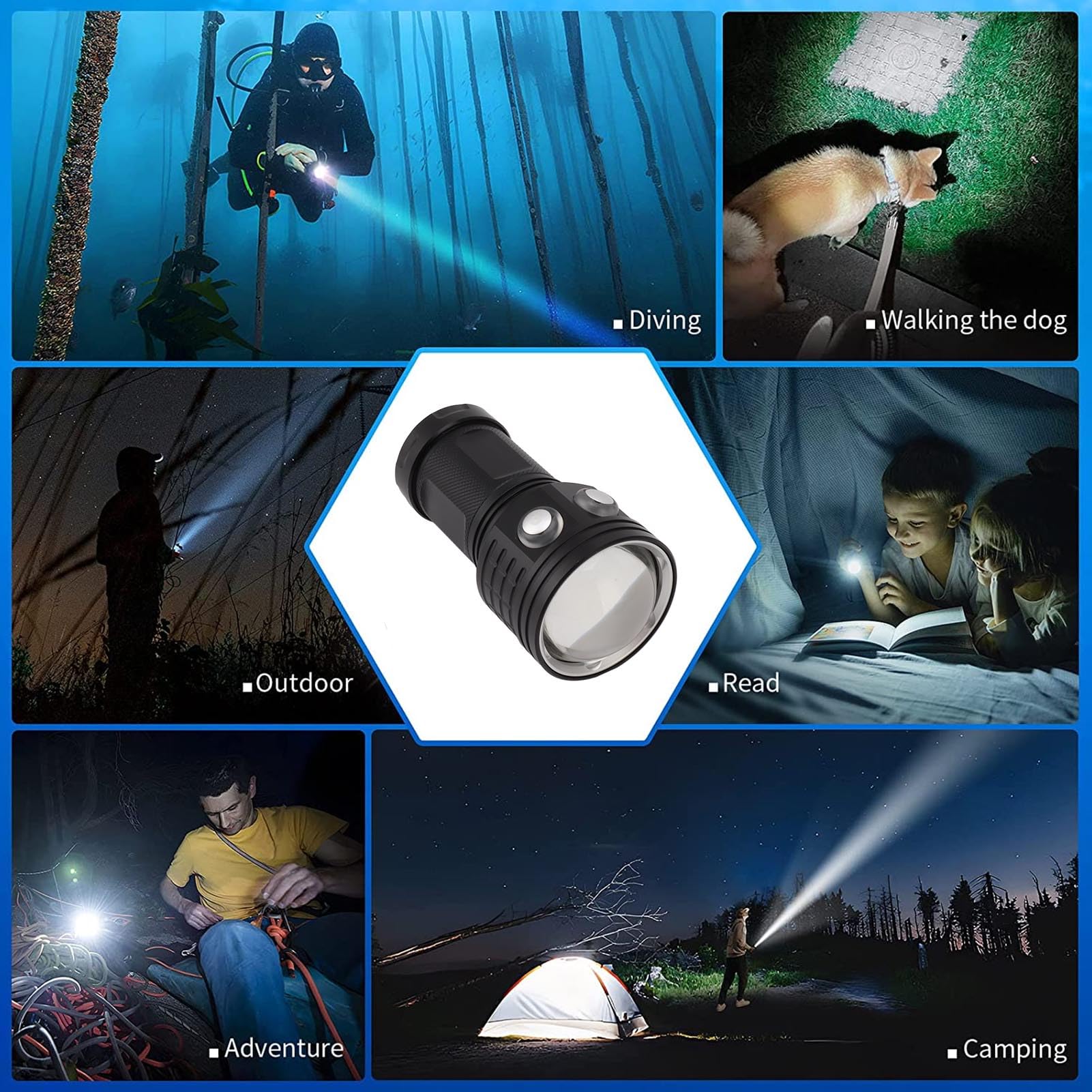 Torcia subacquea professionale impermeabile IPX8 da 10000 lm, luce di riempimento rossa e blu, 100 m