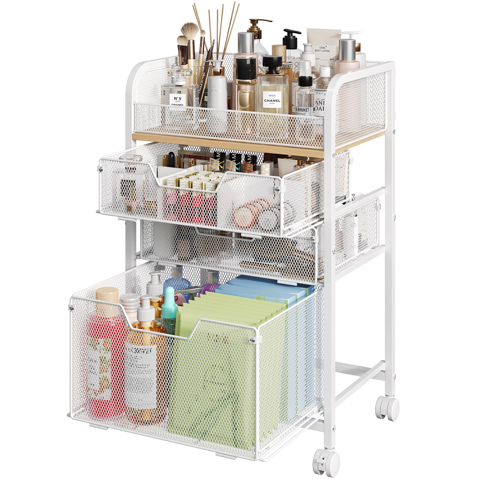 Rolling Makeup Cart Organizer with 3 Drawers, Floor Skincare Organizers with Wheels, Cosmetics Display Cases, Vanity Storage Organizer for Skin Care Perfume Nail Polish, White