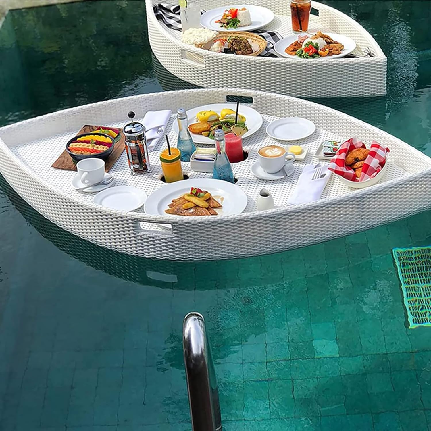 Creative Leaf Type Rattan Floating Breakfast Tray Extra Large Water Floating Table Swimming Pool Floating Tray Table,Beige-90 * 60 * 15Cm