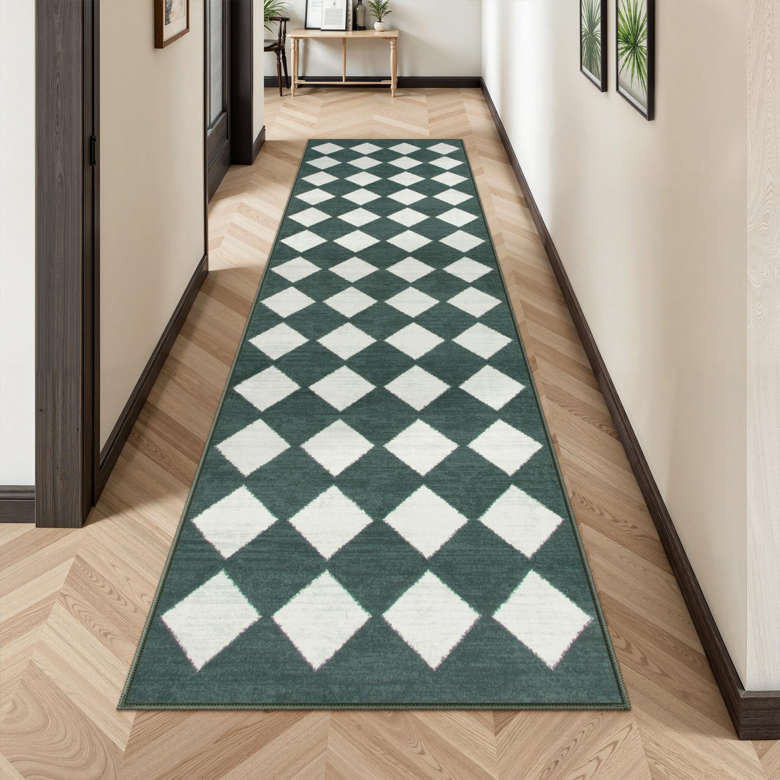Lahome Checkered Washable 2x8 Green Runners for Hallways Non Slip, Ultra-Thin Kitchen Bathroom Runner Rugs, Moroccan Trellis Throw Carpet Runner for Bedroom Entryway Decor (2'x8',Dark Green)