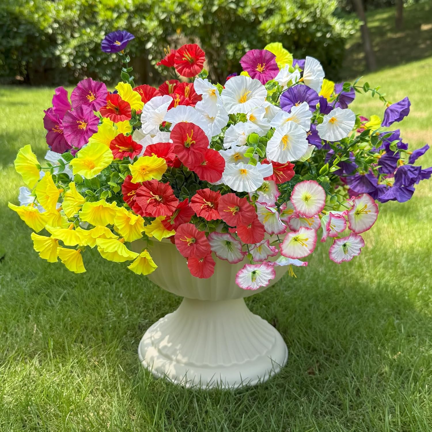 Artificial Fake Flowers Plant for Outdoors, 12 Bundles Faux Morning Glory UV Resistant Look Real Silk Flowers for Outside Planter Front Door Porch Patio Yard Decoration, (6 Multicolor) - Image 4