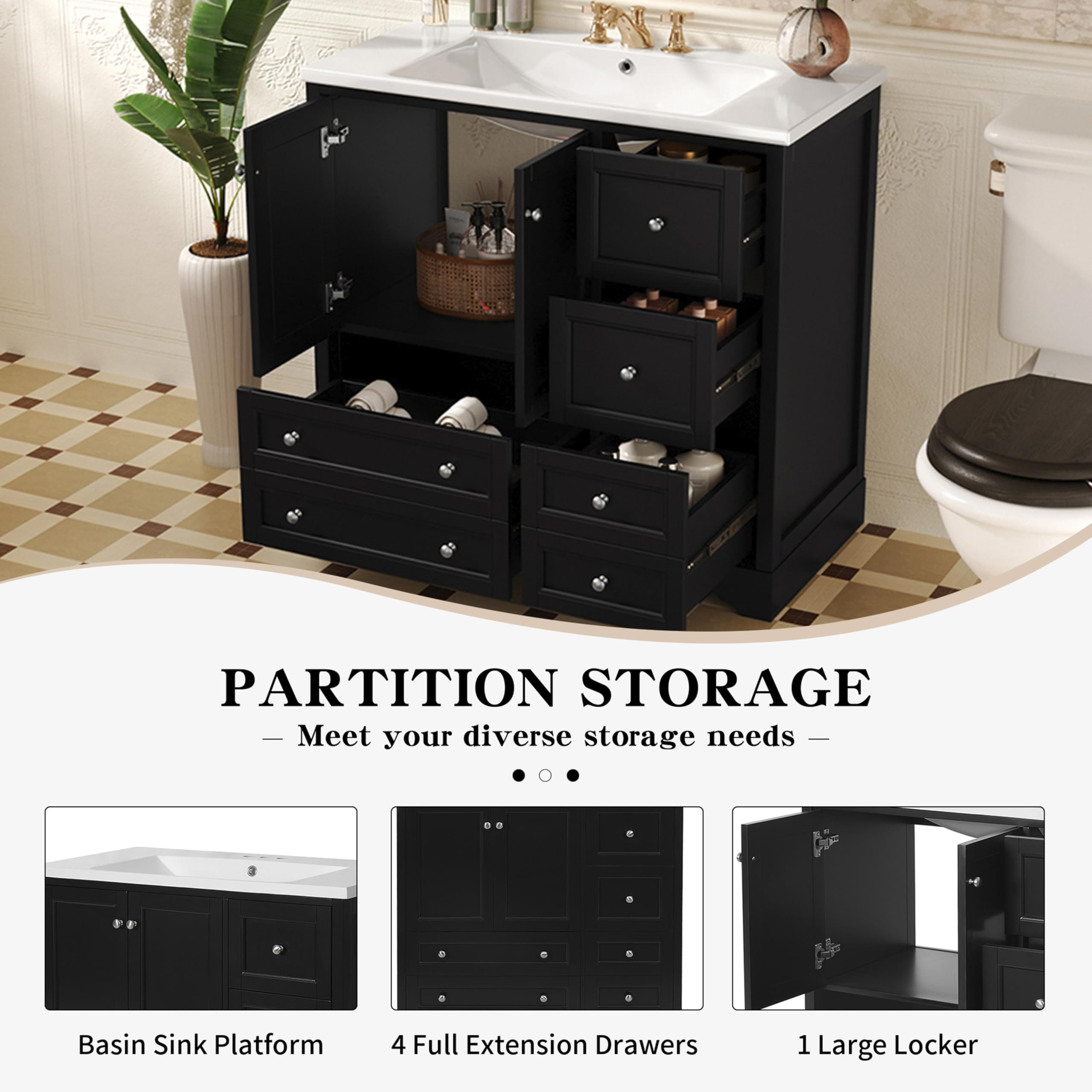 Lunanniu 36 Inch Bathroom Vanity with Sink Set Freestanding Combo Unit with Resin Basin with Storage 4 Full Extension Drawers and 2 Soft Close Doors Transitional Style Black