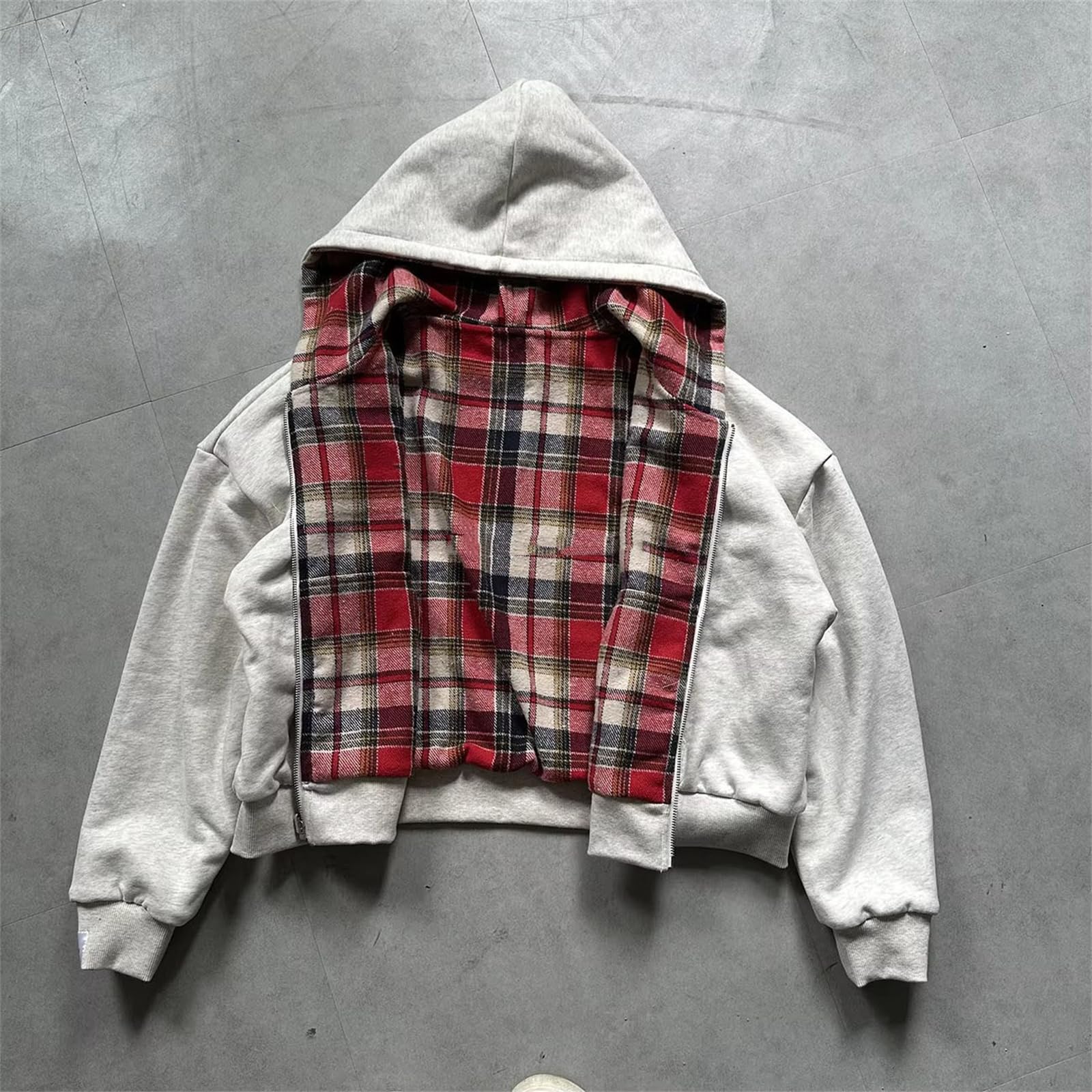 Generisch Oversize-dwustronna bluza z kapturem dla kobiet i mężczyzn, w kratkę, w stylu Streetwear-vintage, z zamkiem błyskawicznym i kapturem