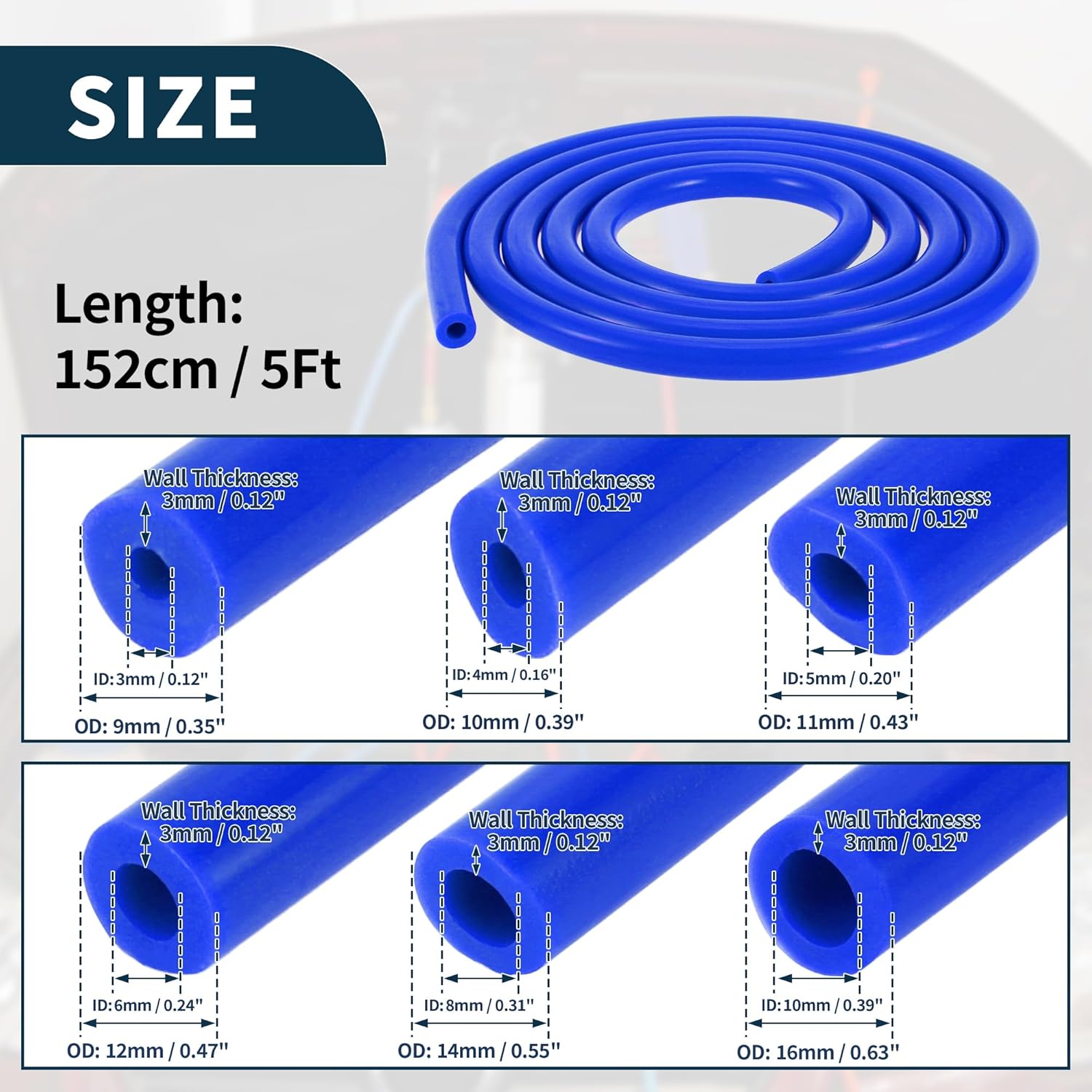 Silicone Vacuum Tubing Hose 130PSI Max Pressure Automotive Vacuum Line Blue with Vacuum Connector 1 Set 5Ft 3/4/5/6/8/10mm ID 3mm Thickness