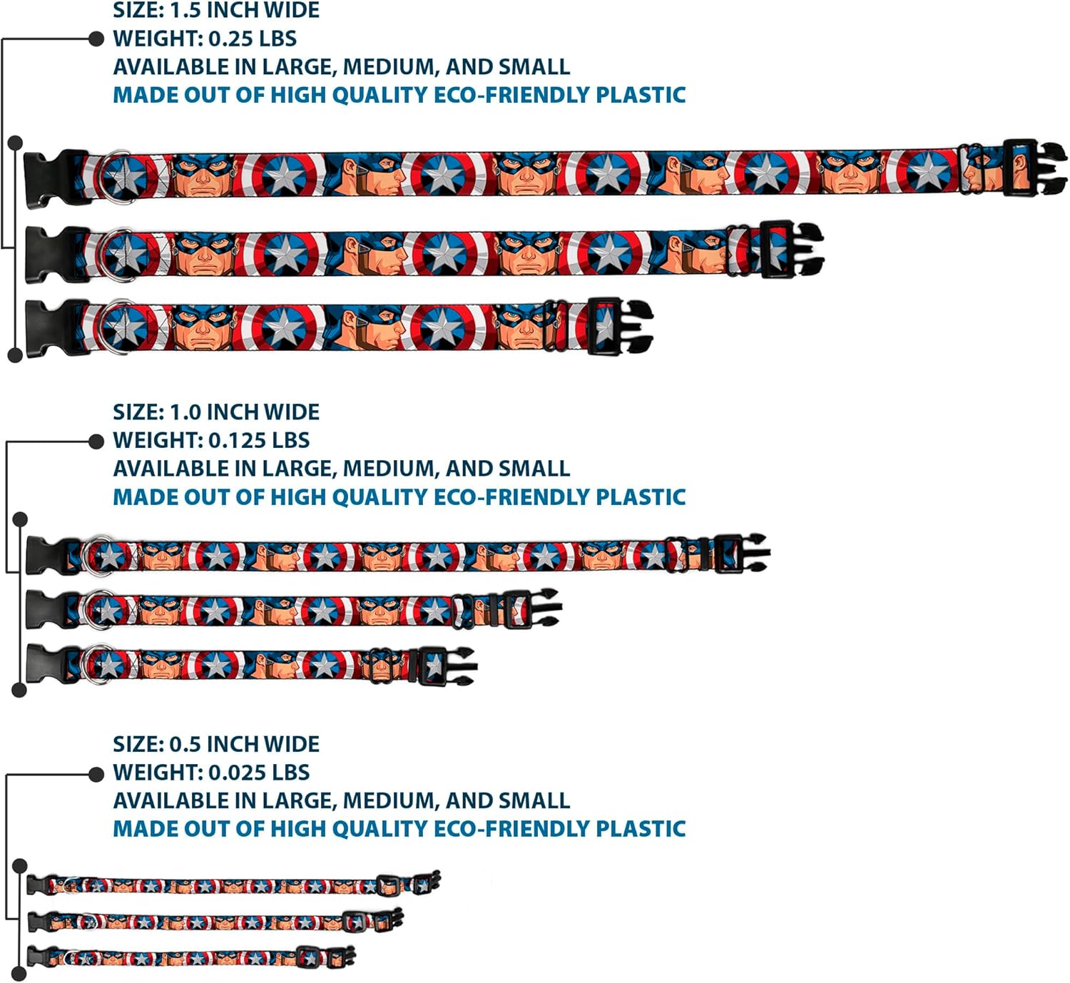 Marvel Comics Pet Collar, Dog Collar Plastic Buckle, Captain America Face Turns Shield Close Up, 13 to 17 Inches 1.5 Inch Wide