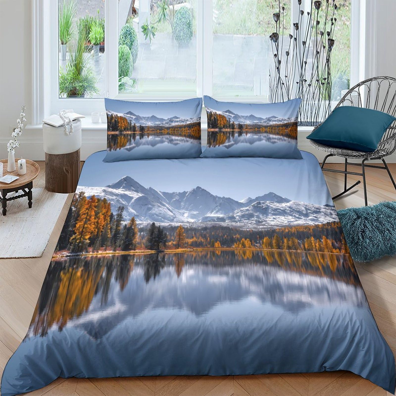 Ctjqhvkz Style-3 3D Printed Mountain Lake Reflection Fitted Sheet Microfiber Soft Nature Landscape Bed Cover For Bedroom Dorm Room Single（135X200cm）