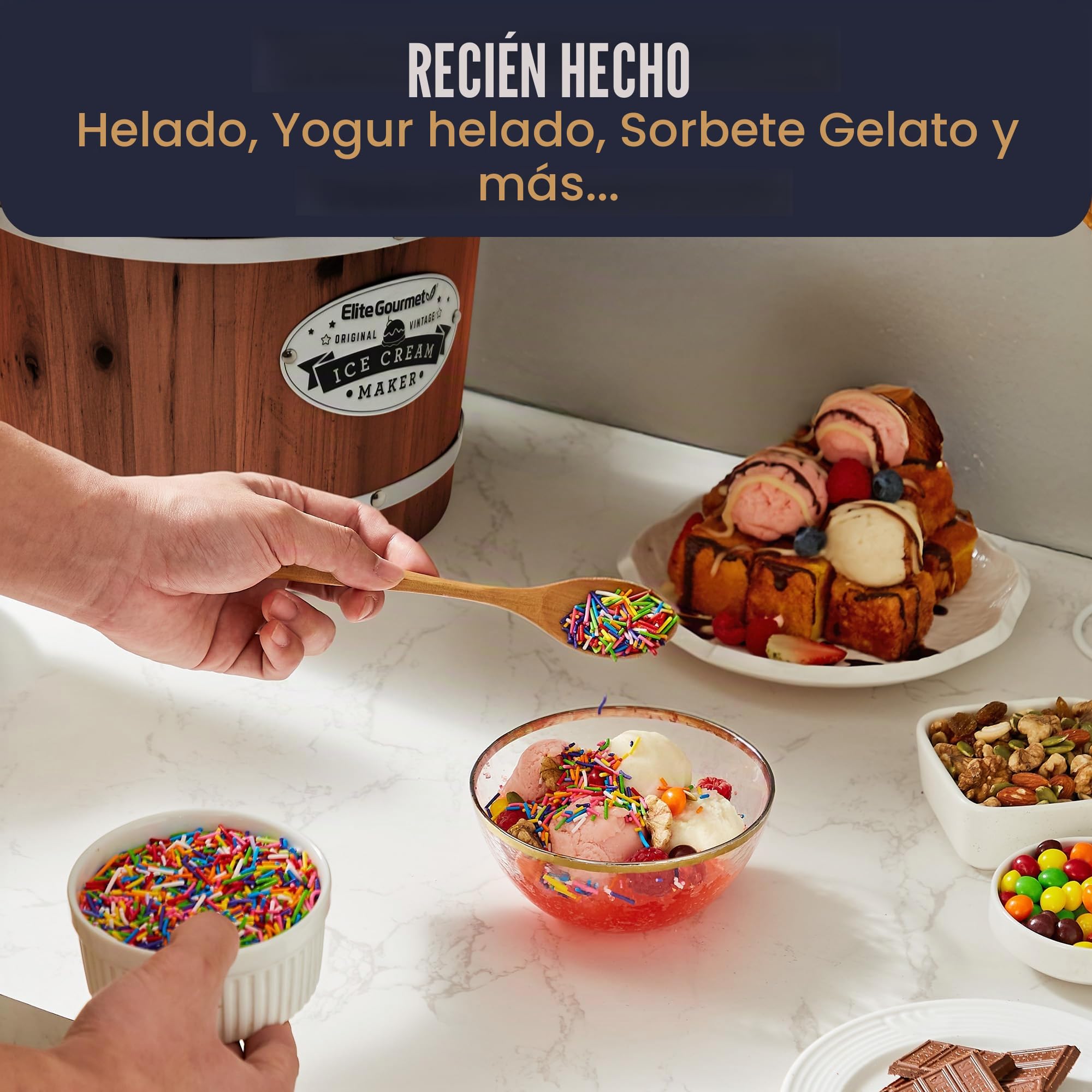 Elite Gourmet EIM418 - cubeta de madera de nogal clásico de 4 cuartos de galón, máquina eléctrica para hacer helado, utiliza helados de hielo y sal de roca en minutos