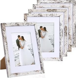 Fixwal 8x10 Picture Frames Set of 5 with Distressed White Wood Grain and HD Real Glass Cover, Vintage Photo Frames for Wall Decor Mounting and Tabletop Display