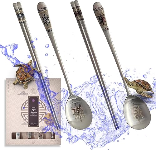 BALWOO Hecho en Corea Holograma Tortuga Diseño Mesa Coreana Pegajoso Arroz Cuchara y Palillos Palillos Planos de Acero Inoxidable 304 Superficie